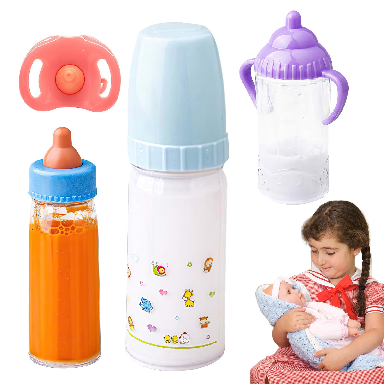 Pretend Play Toy For babys Doll Feeding Set, babys Doll Bottle Disappearing With Lid Milk And Juice, Funny Simulation Dolls Accessories, With Disappearing Contents, For Children From 3 Years