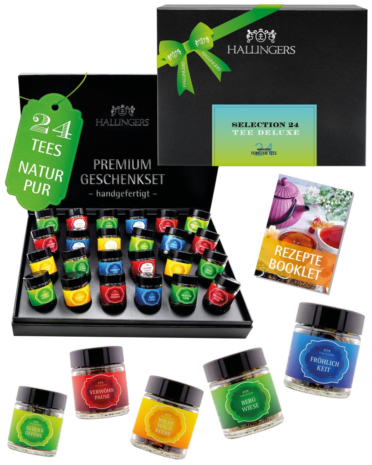 Hallingers Genuss Manufaktur Tee Geschenk-Set - 24 Sorten premium loser Tee Probierset in edler Geschenkbox mit Rezept-Booklet "Tee Deluxe Sele...", Geschenkidee für Frauen Männer