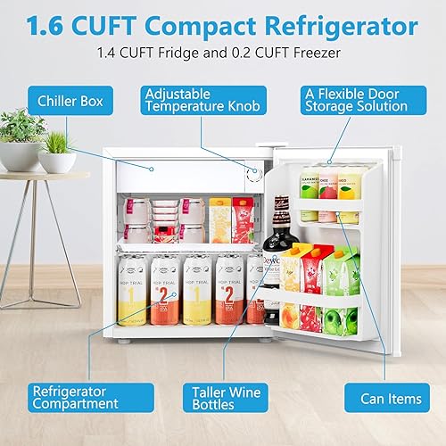 Miniatura 2 de 1.6 Cu.ft Mini Fridge with Freezer, Compact Single Reversible Door Refrigerator, Adjustable Thermostat, Ultra Quiet, Energy Efficient for Office,