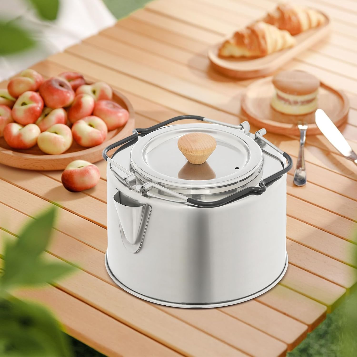 Camping Kettle, 1L 304Stainless Steel Kettle, Portable Coffee Tea Pot (Silver)