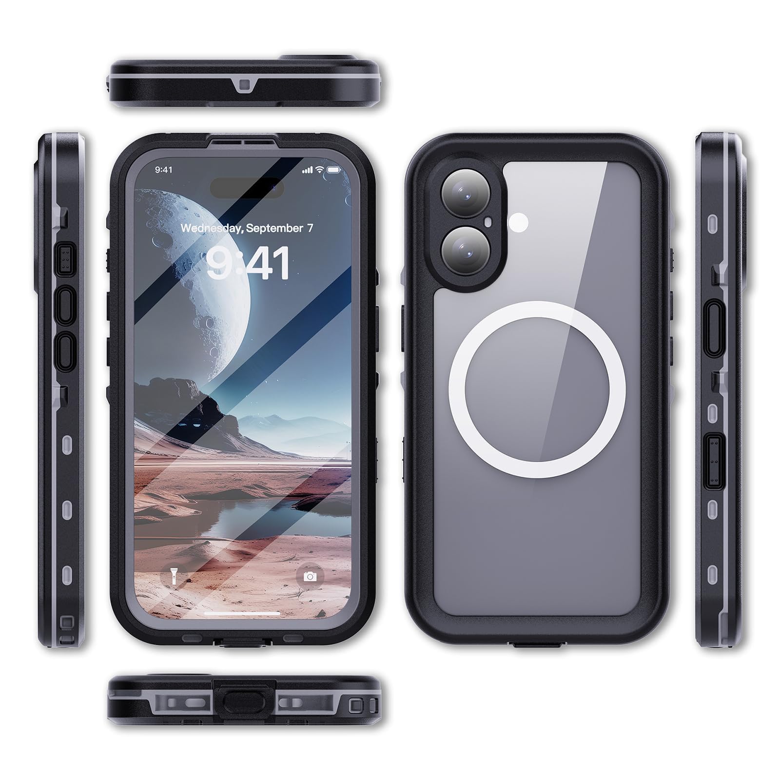 Funda Magnética para iPhone 16/16 Plus/16 Pro/16 Pro MAX, Funda Resistente Al Agua IP68, Protección con Sello Militar, Resistente Al Polvo,16Pro,Black