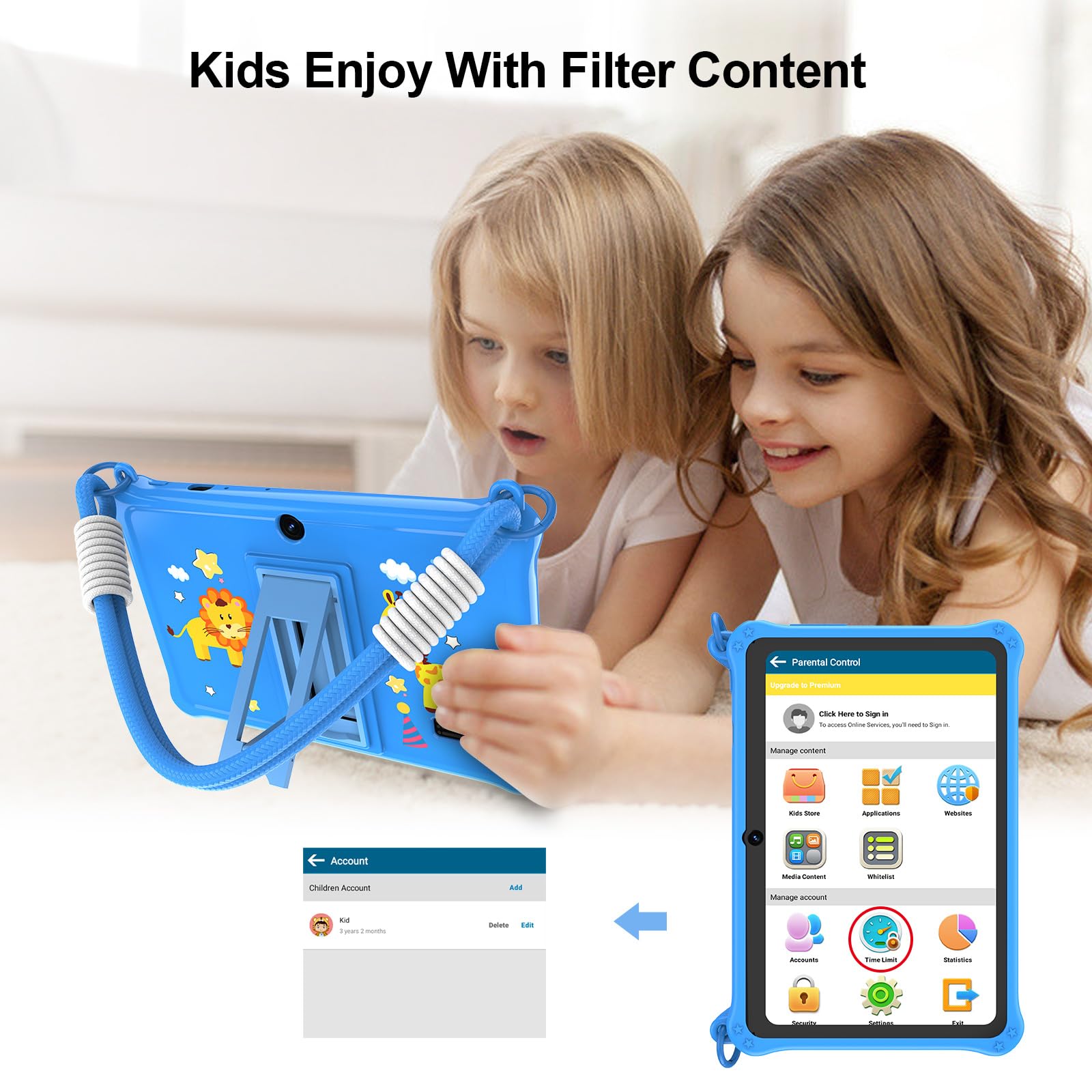 GOZZGEAR Android 13 Kids Tablets 7 inch for Toddler, Parental Control, Free Kids APP, 32GB, Expandable 512GB, 3500Mah, WiFi Dual Camera with Eye Protection, Blue — view 4
