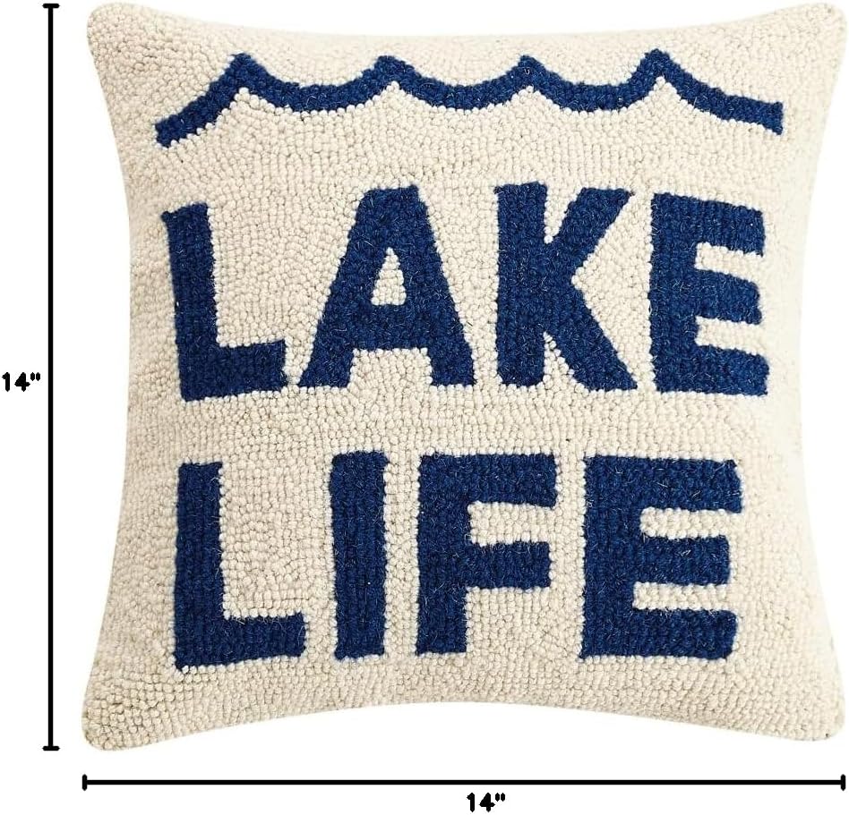 Peking Handicraft 30TG292C14SQ Poly Filled Hook Throw Pillow, Wool and Cotton (Lake Life, 14-inch Square)
