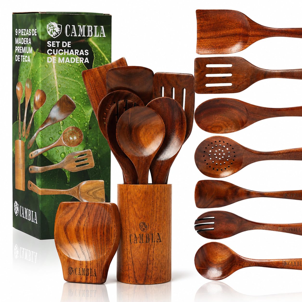 Ustensiles de cuisine en bois - 9 pièces - Bois de teck - Anti-rayures - Set de spatules et cuillères de cuisine - Poignée confortable pour poêles antiadhésives - CAMBLA