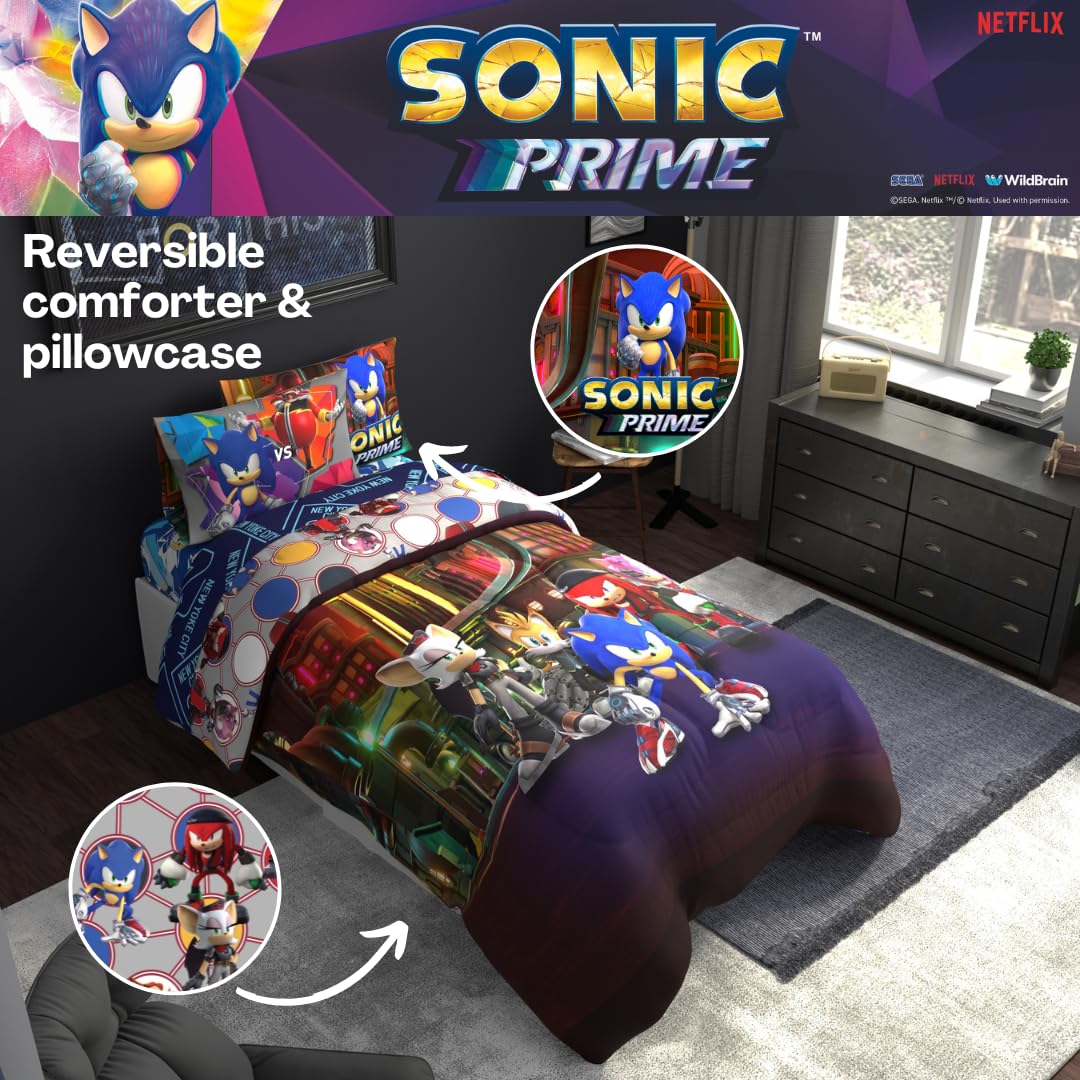 Copripiumino Una Piazza E Mezza Set Copripiumino Sonic The Hedgehog | Biancheria Letto Singolo | Design Retrò Reversibile Copriletto Singolo Estivo