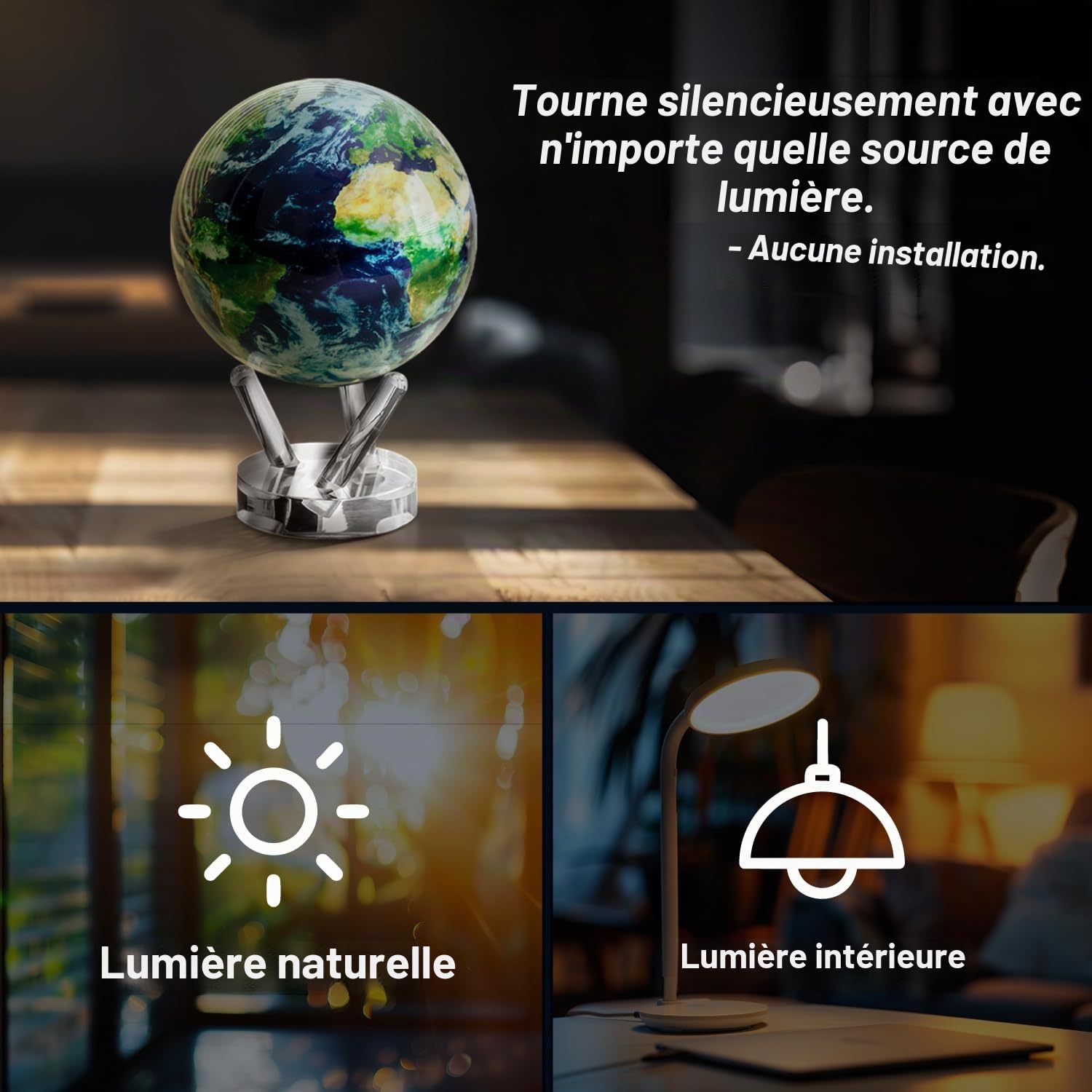 Globe MOVA Terre avec Nuages – 11,5 cm, Globe Auto-Rotatif avec Lumière | Mouvement Silencieux, Sans Piles ni Câbles | Décoration Unique de Bureau ou Cadeau pour Passionnés de l’Espace