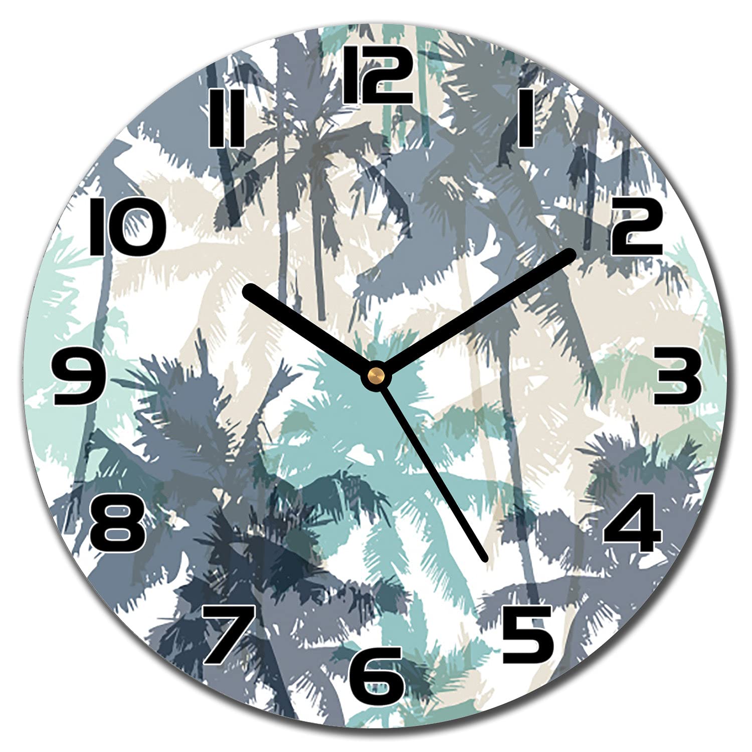 Horloge Murale Salon Moderne en Verre Impresson Paumes et Aiguilles Noires 30 cm