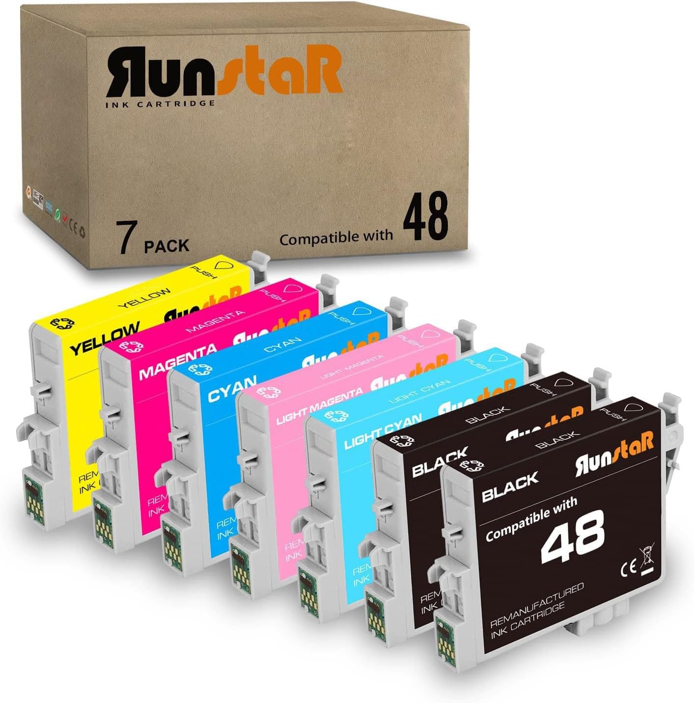 Run Star 7 Pack Remanufactured for T048 Ink Cartridge Replacement for Epson 48 T048 use for Epson Stylus Photo R200 R220 R300 R300M R320 R340 RX500 RX600 RX620 Printer (2BK/C/M/Y/LC/LM)