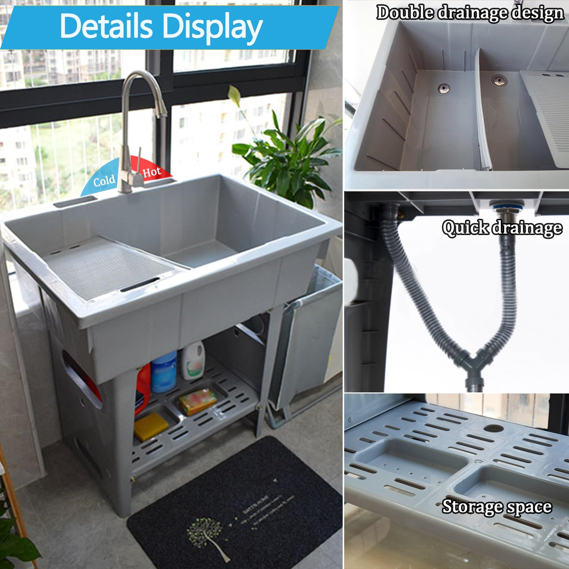 Fregadero Portátil,Barreño de Plástico,Lavadero pila Exterior,Lavamanos Portatil con Grifo y Juego de Desagüe,Lavabo para Interior Jardin Cocina Baño Camping Terraza Restaurante Lavandería(Blauw)