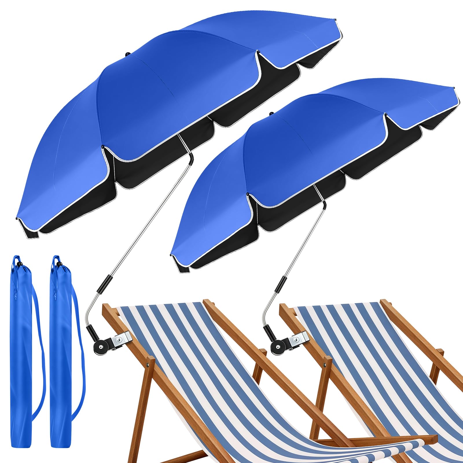 panthem 2 Pack Beach Umbrella with Clamp, UPF 50+ 360° Adjustable Sun Shade for Beach Chair, Portable Clip-on Parasol for Camping Chair, Wheelchair, Golf Cart, Patio, Festival (Blue, No Chair)