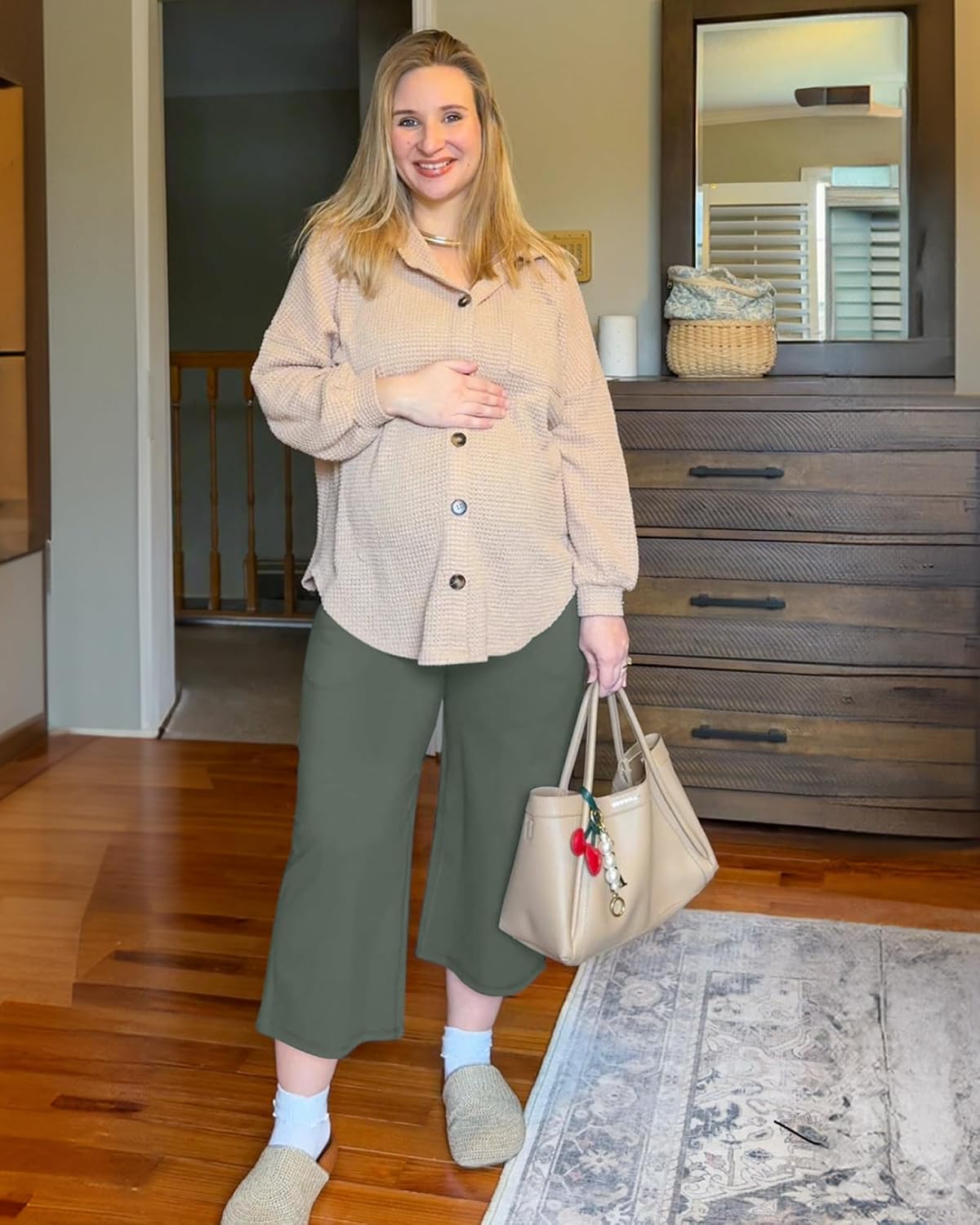 G4Free Wide Leg Maternity Yoga Capris Over The Belly Stretch Pregnancy Cropped Pants with Pockets - Image 7