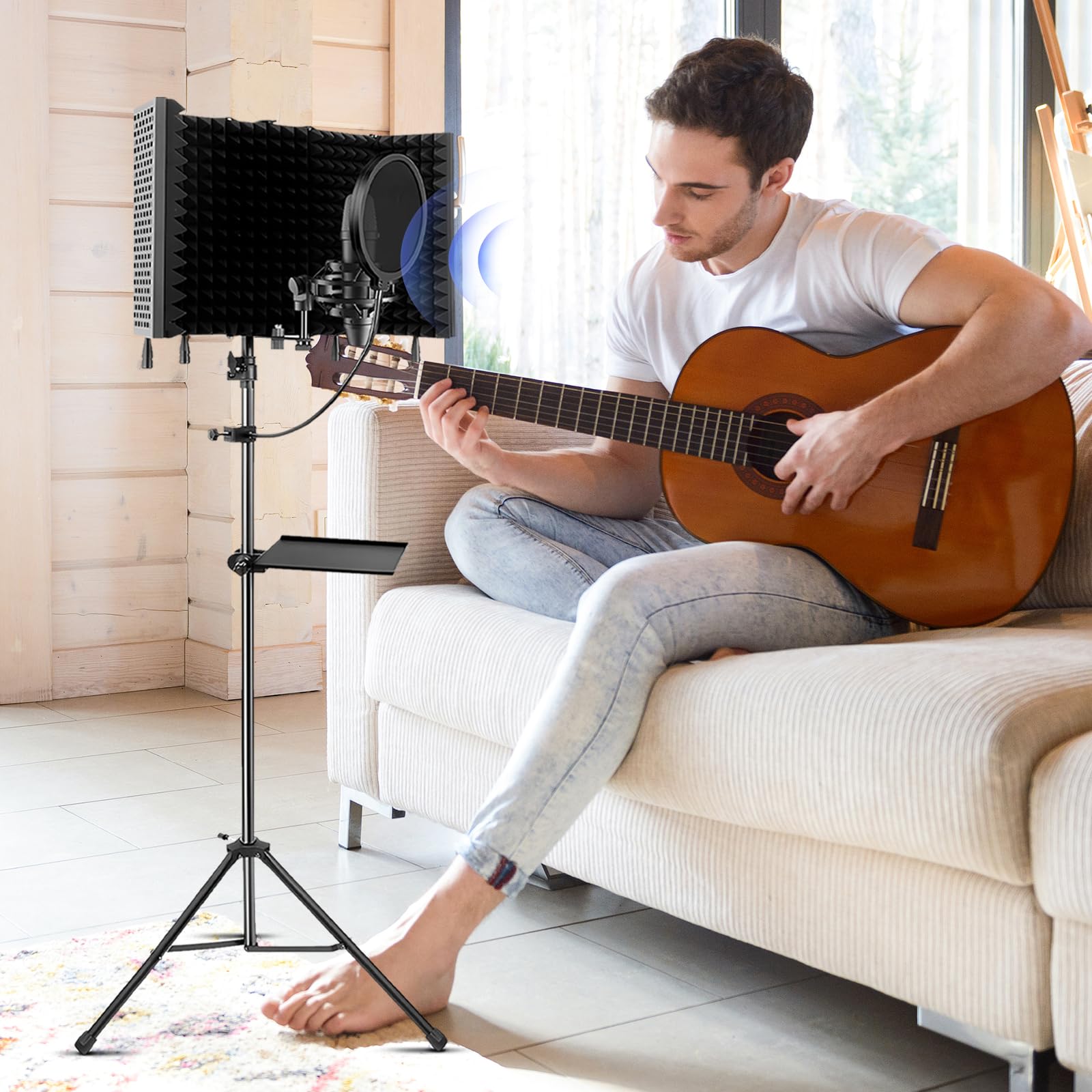 Insonorización De Micrófonos, 5 Paneles Pantalla Antiviento De Espuma Acústica Con 180cm Trípode Para Adaptadores De Micrófono De 9,5 mm A 16,5 mm Para Equipos De Grabación Y Estudio