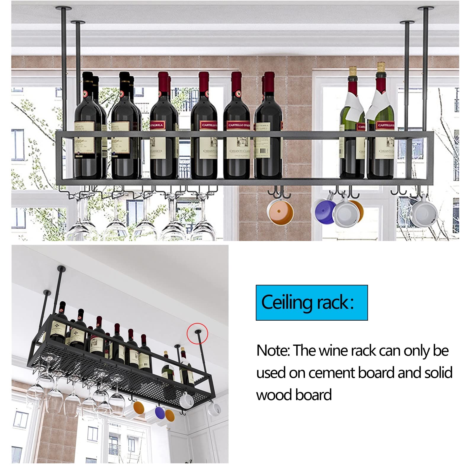 Botellero, Soporte Colgante para Copas de Vino, botellero metálico, botellero Ajustable con Soporte para Copas, botellero de Techo Negro Mate para Copas (tamaño: 60x25x21cm)