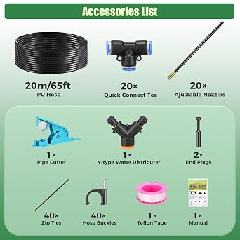 Garden Irrigation System 65FT with 20Pcs Adjustable Copper Nozzles