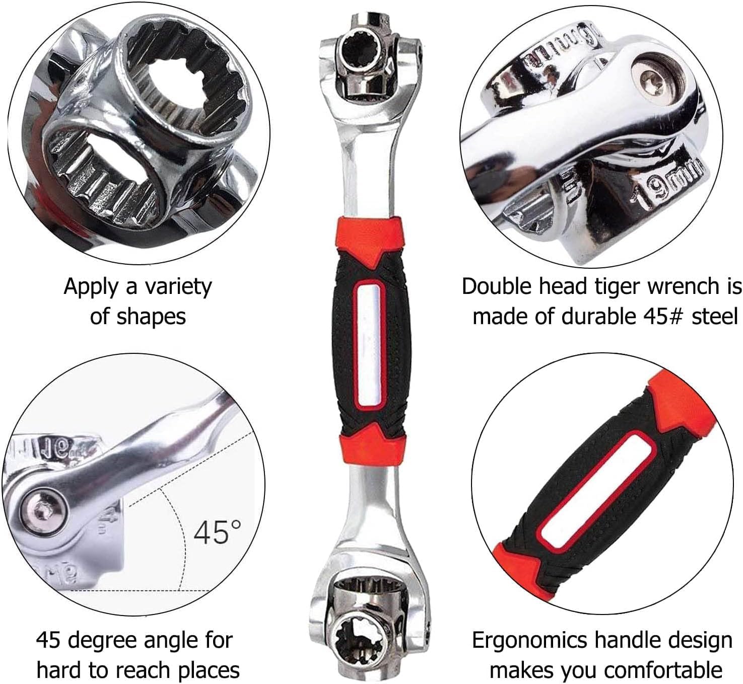 Orbica Tiger wrench 48 in 1 Swivel Head Multi Tool Spanne Tools Socket Works with Spline Bolts Multifunction PassTorx 360 Degree 6-Point Universal Furniture Car Repair, Hex end