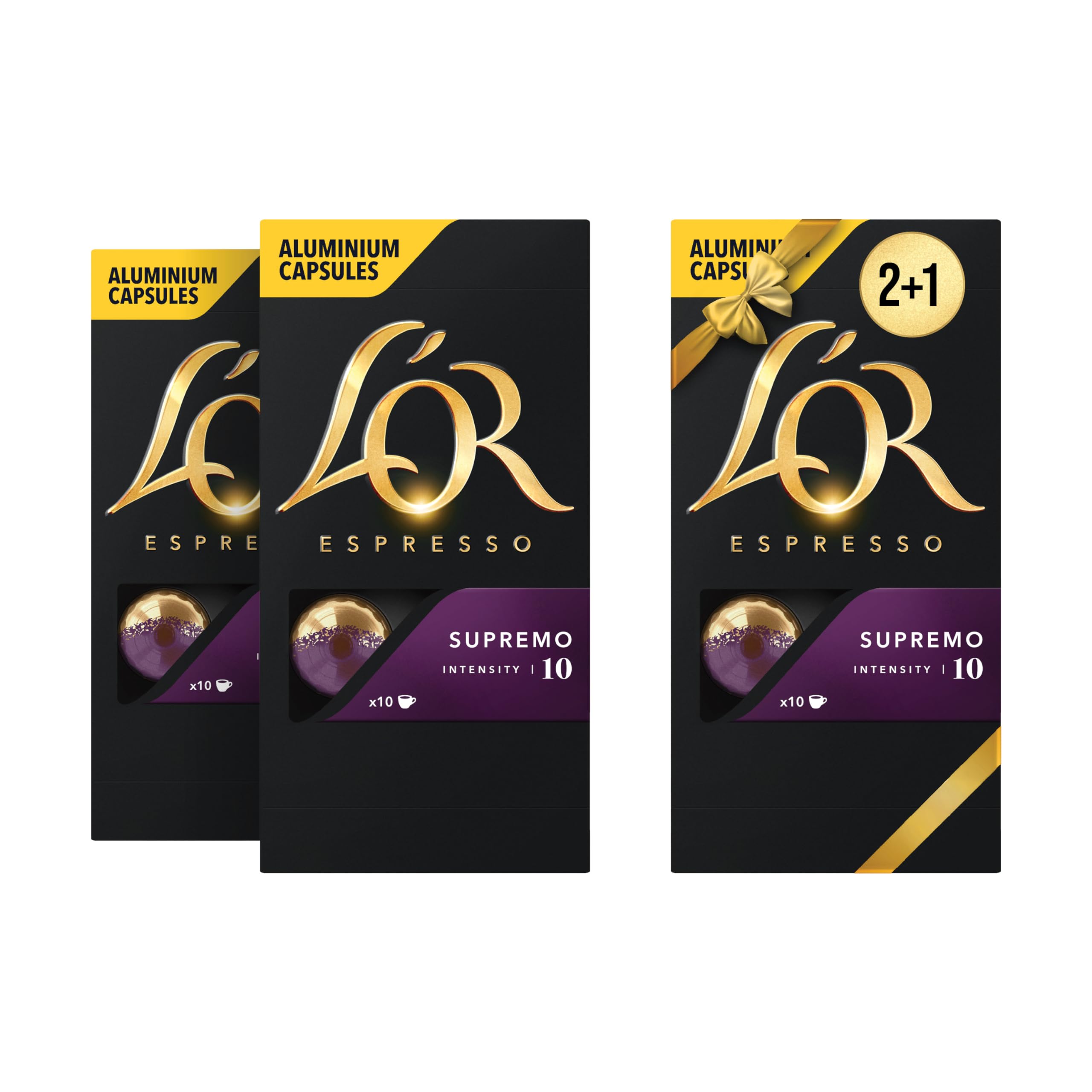 L'OREspresso Coffee - Supremo - Core Collection - Intensity 10 - Deeply Roasted and Fruity Flavour - 2+1 Pack - Total of 30 Nespresso Compatible Aluminium Capsules
