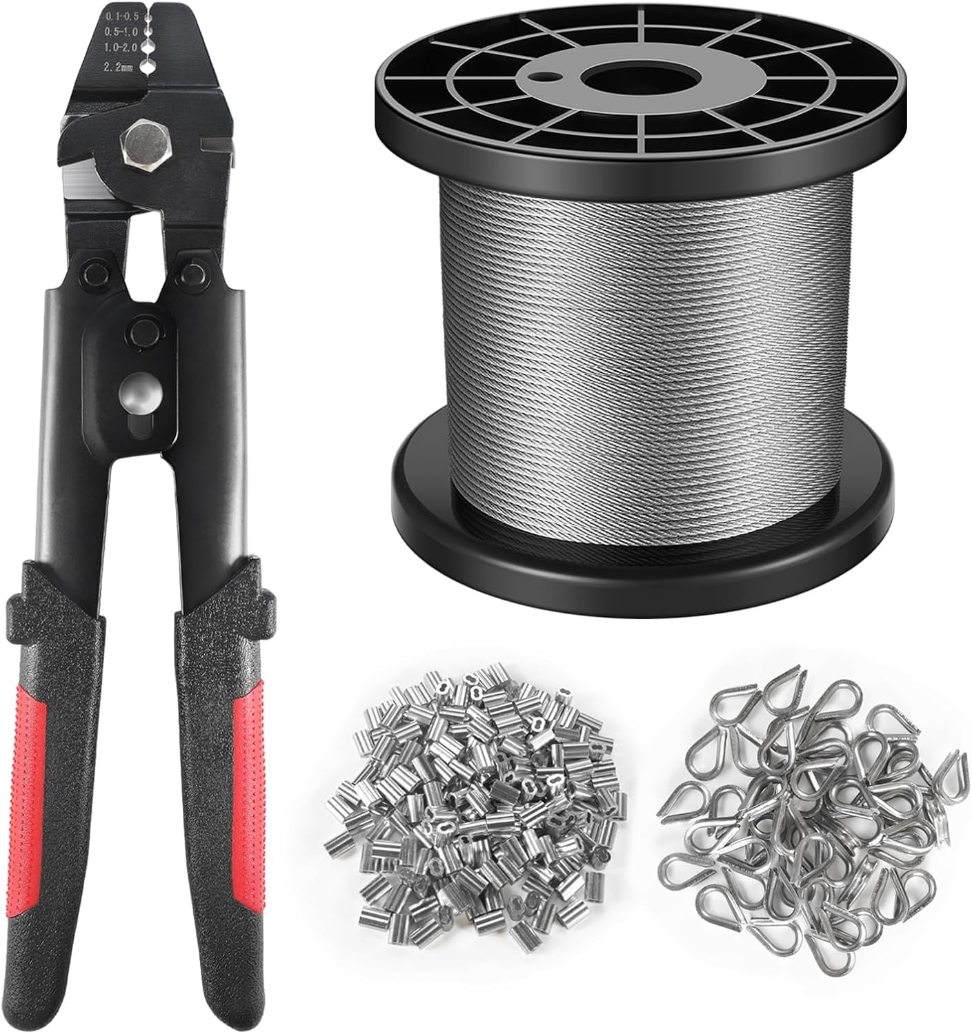 Product image of Wire Rope Crimping Tool Kit, 328FT Stainless Steel Cable with 200PCS 1/16” Aluminum Crimping Loop Sleeves and 50PCS Stainless Steel Thimbles