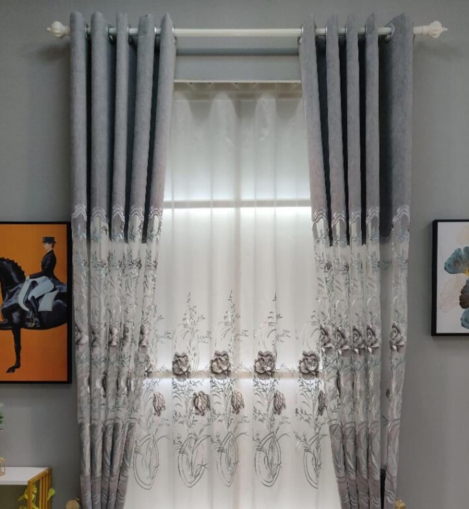 2 Pezzi Tenda Coprente Oscurante,2 x 137W x 183H CM,Tende Soggiorno Oscuranti Moderne Grigio Motivo Ricamato Tende con Occhiello