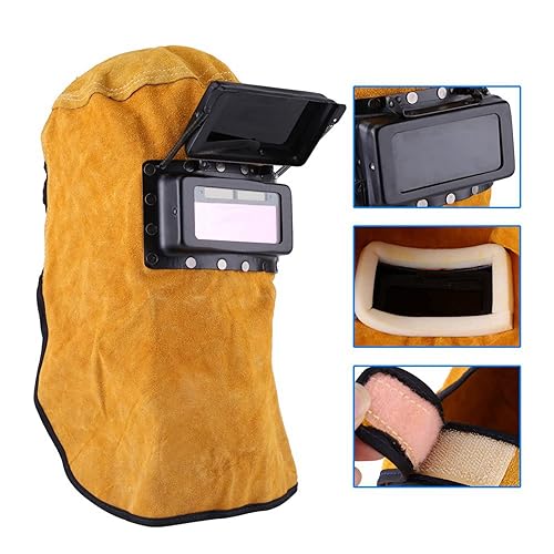 Miniatura 3 de Casco de soldadura con capucha de soldador de cuero, máscara de soldadura ajustable, casco de soldadura con lente de filtro de oscurecimiento