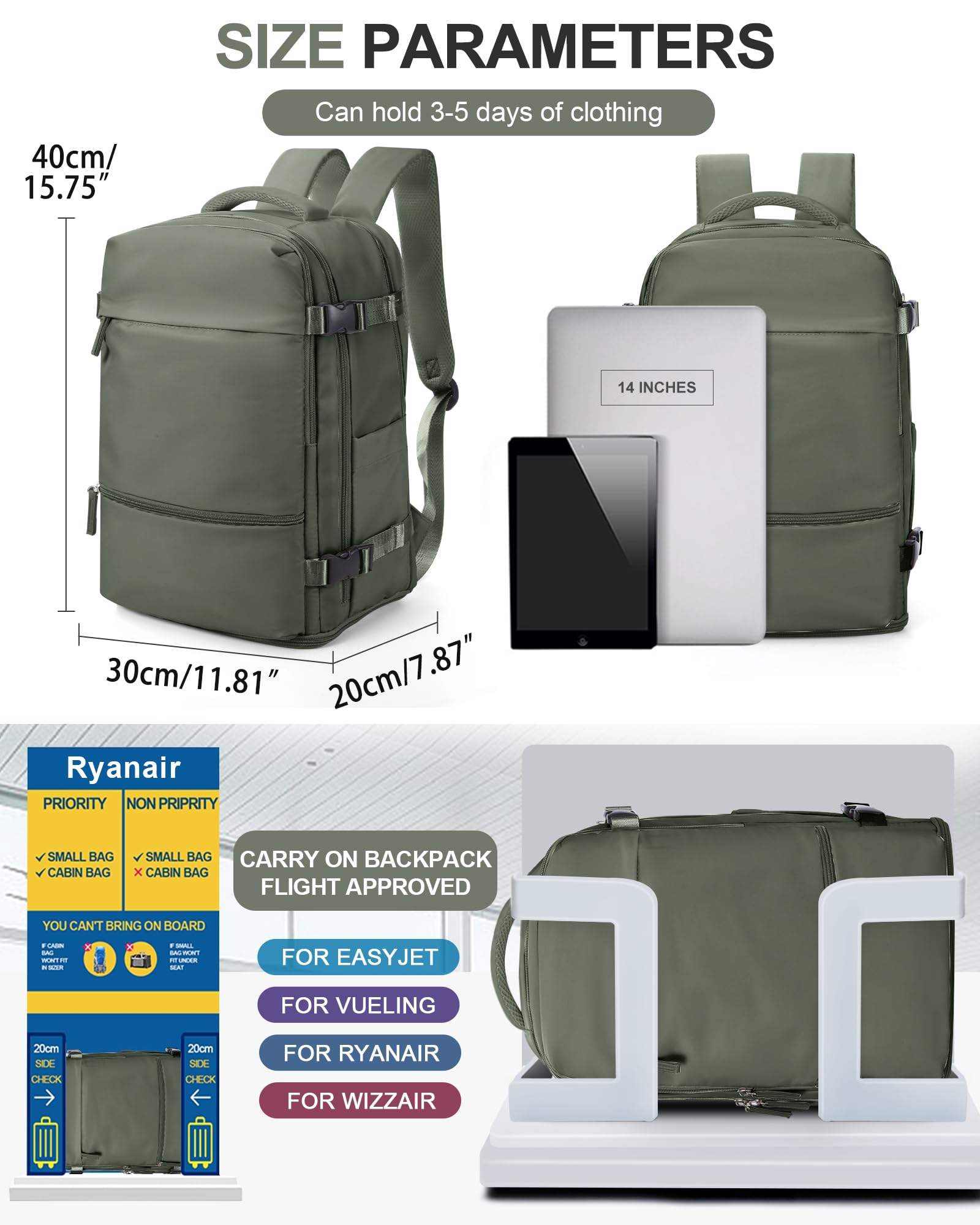 BJLFS Zaino Ryanair 40x30x20 Donna Zaino da Viaggio Aereo Bagaglio a Mano 40x30x20 Ryanair Borse da Cabina per Wizzair Zaini Casual Impermeabile Adatto per Portatile da 14 Pollici
