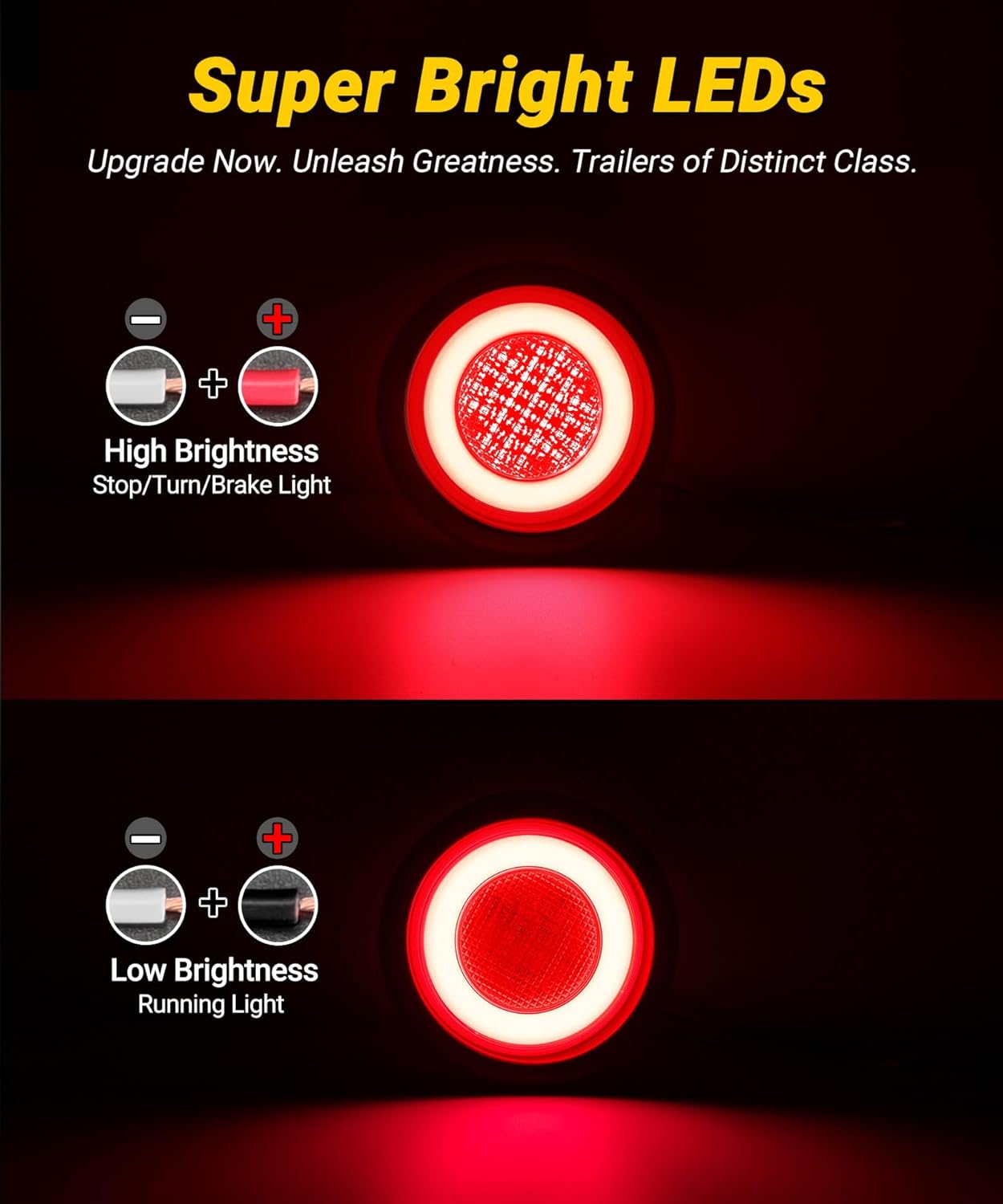 4 inch LED Tail Lights Round Halo LED Stop Turn Tail Lights for Trailer Trucks RV Camper Van with Rubber Grommet and 3 Prong Pigtails 64 LEDs 12V Waterproof IP67, 4Pcs