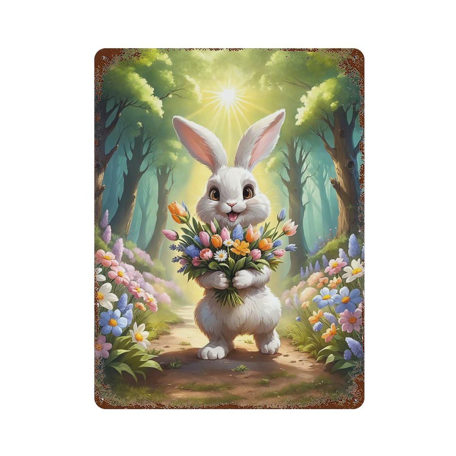 Cute Bunny with Flowers in Forest Rust Effect Tin Sign 15.7"x11.8", Vintage Wall Decor for Bistro, Counter And Cafe Decor