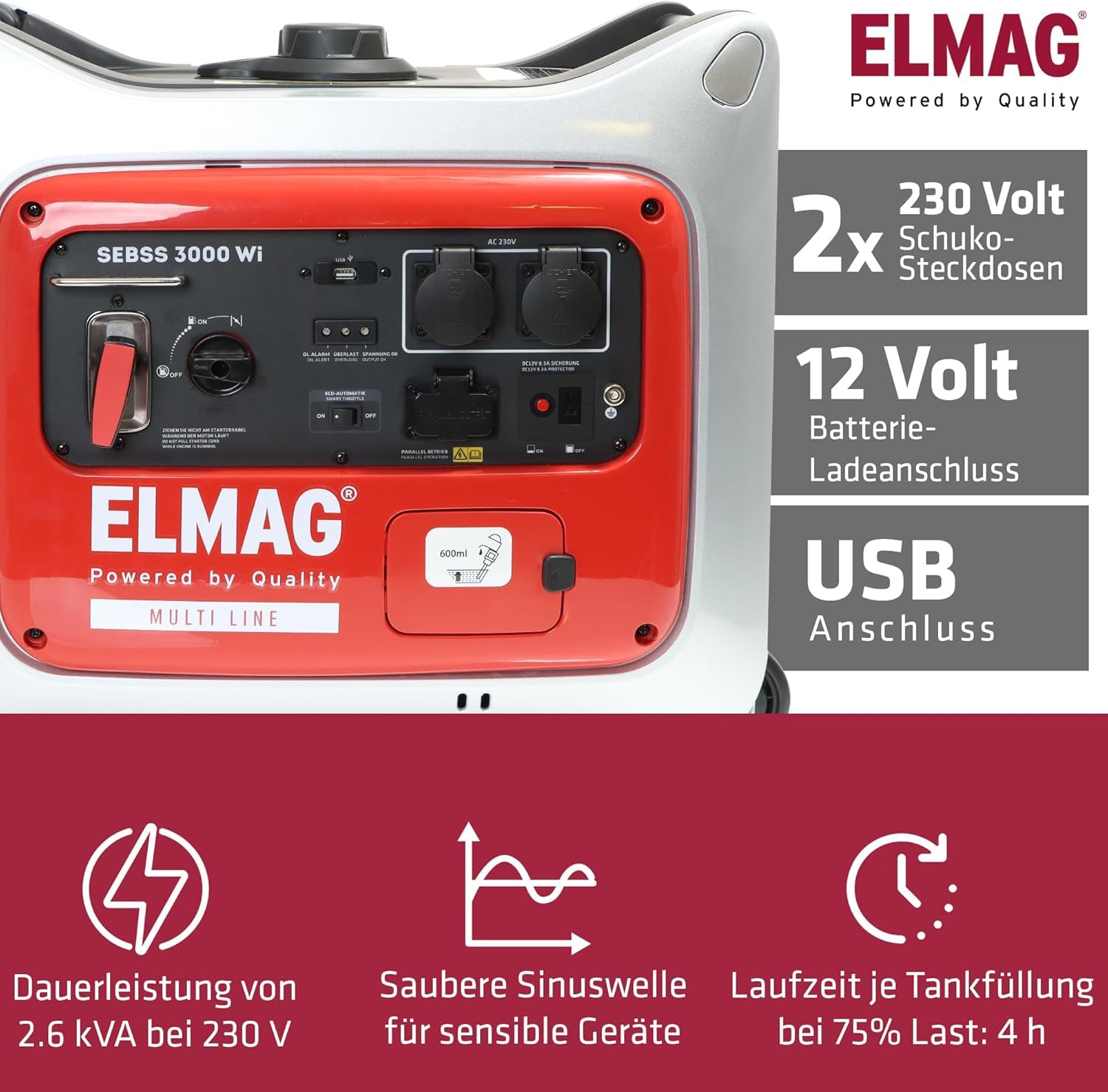 ELMAG Inverter Stromerzeuger SEBSS 2000Wi 1,6 kVA Benzin Stromgenerator mit 4-Takt-Motor, leise & kraftvoll Stromaggregat mit ECO-Modus, 2 x 230V, USB & 12V Für Camping, Outdoor & Notstrom