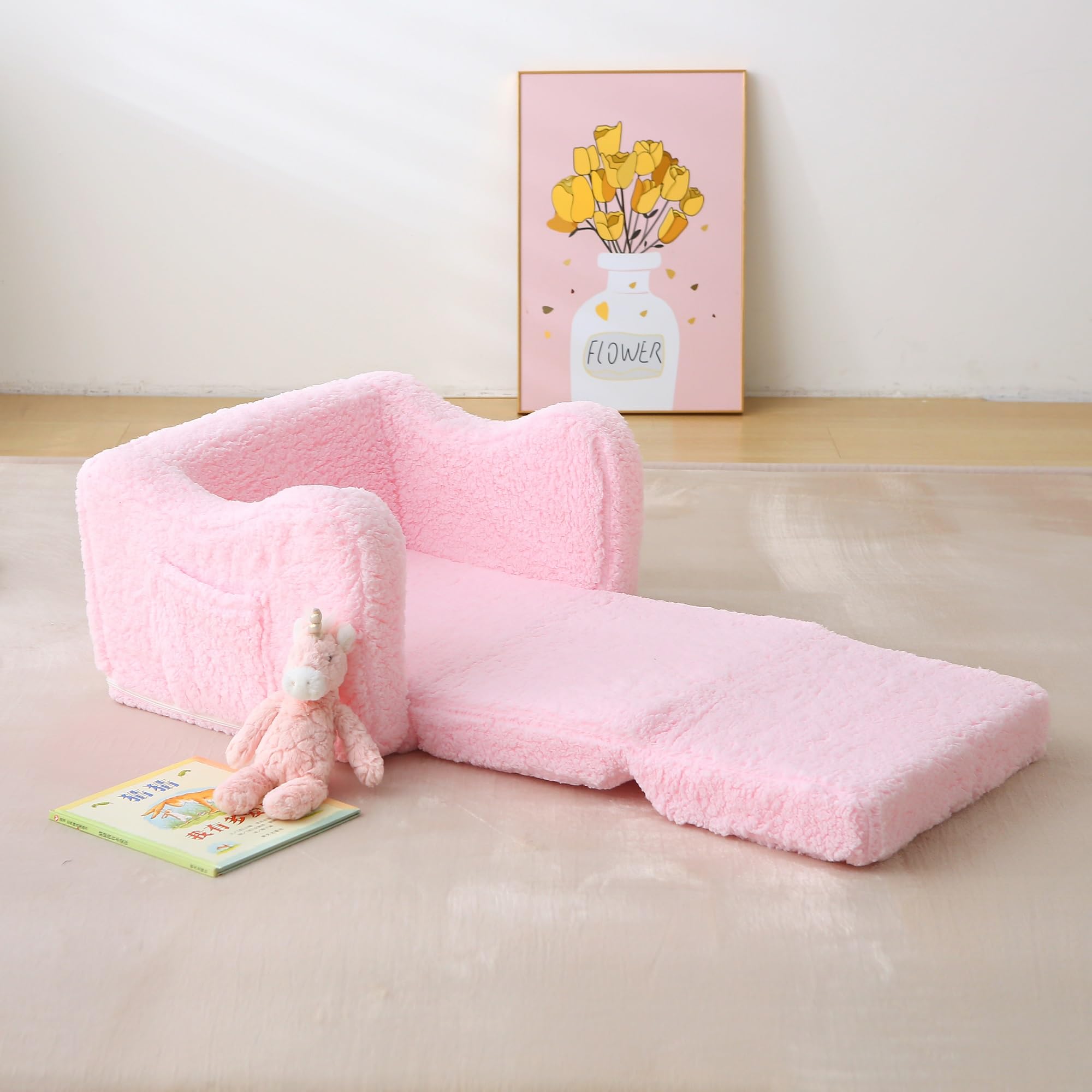 Sofá infantil para niños pequeños, sofá 2 en 1 de sherpa suave para bebés de 1 a 3 años de edad, plegable, sofá convertible para niñas y niños (rosa) 6