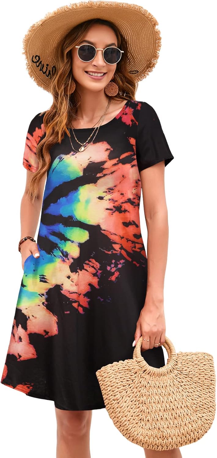 Sherosa Women's Summer Dresses 2026 Beach Boho Floral Sundress Short Sleeve Loose Casual Tshirt Dress with Pockets - Image 4
