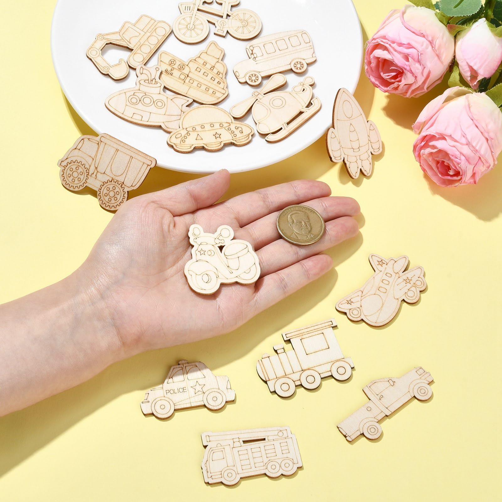 UR URLIFEHALL 100 Pcs Unfinished Vehicle Wood Cutouts Transportations Wooden Craft Shapes for Tag Decoupage DIY Scrapbooking Card Making - Image 4