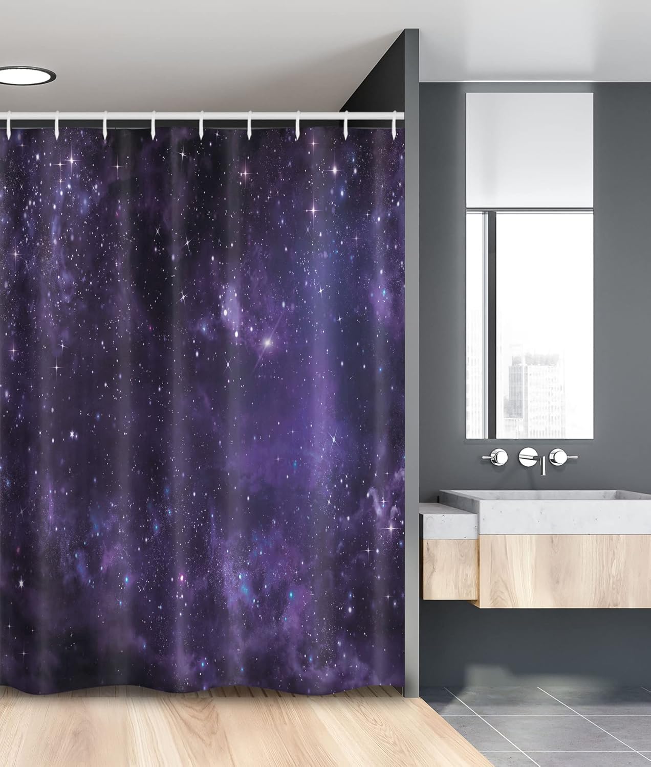Ambesonne Galaxy Stall Shower Curtain, Celestial Stars in Night Sky Stardust in Clouds Fantasy World of Space, Fabric Bathroom Decor Set with Hooks, 54" W x 78" L, Black and Purple