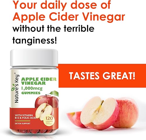 Miniatura 4 de Nature's Key Gomitas de vinagre de sidra de manzana, 120 unidades de gomitas ACV con vitamina fólica B6 B12 remolacha y granada, veganas, sin OMG y