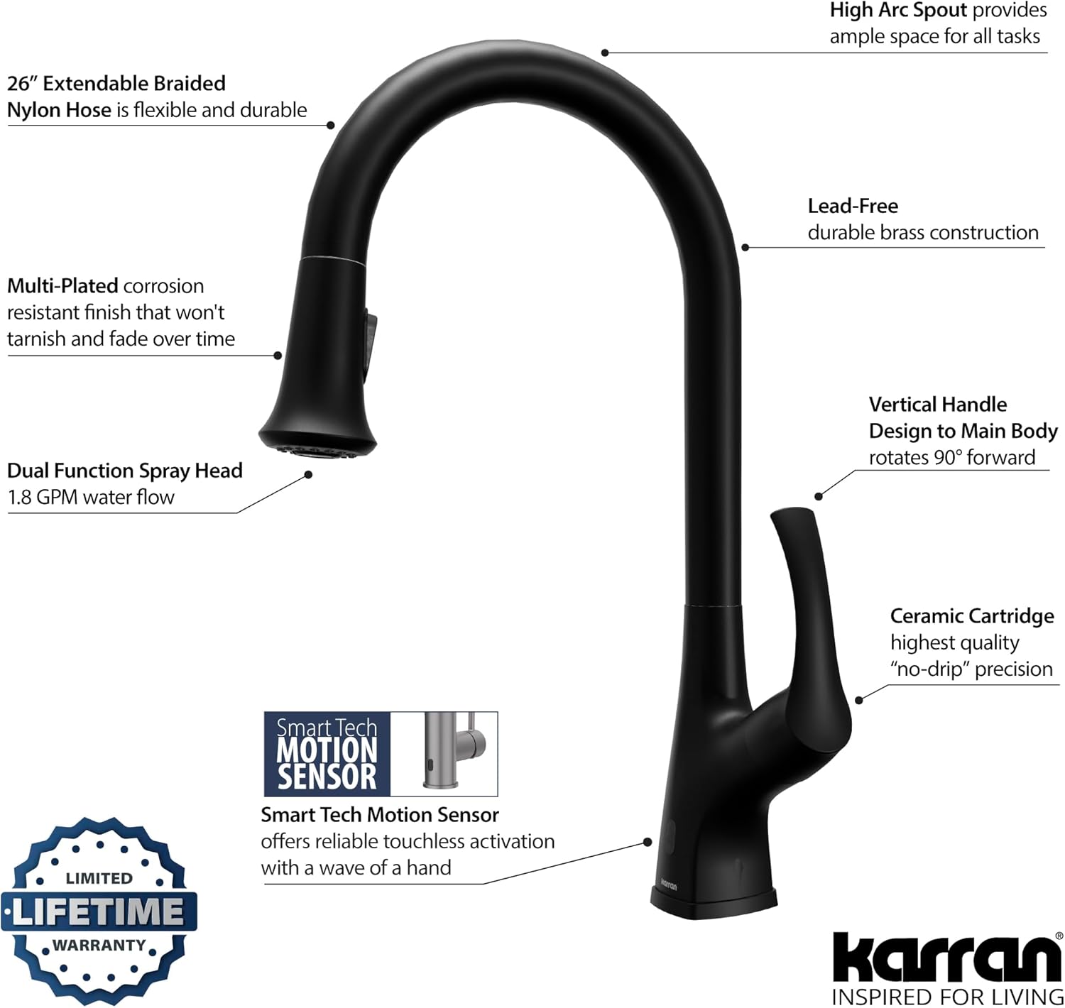 Karran Chantilly Touchless KKF375 Single Handle Pull Down Sprayer Kitchen Faucet in Matte Black