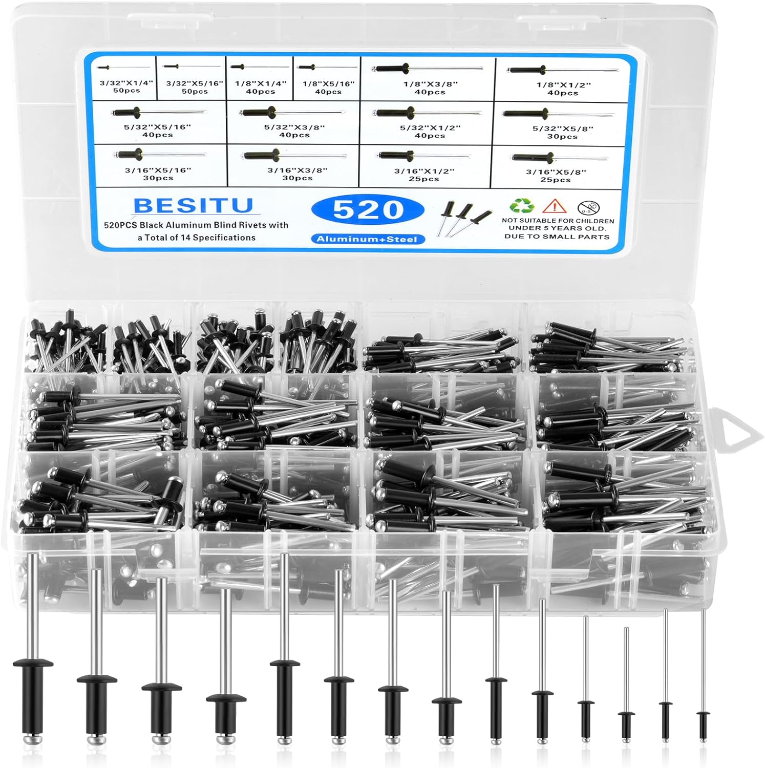 Besitu 520pcs Black Rivets Pop Rivets Assortment Kit,14 Sizes Aluminum