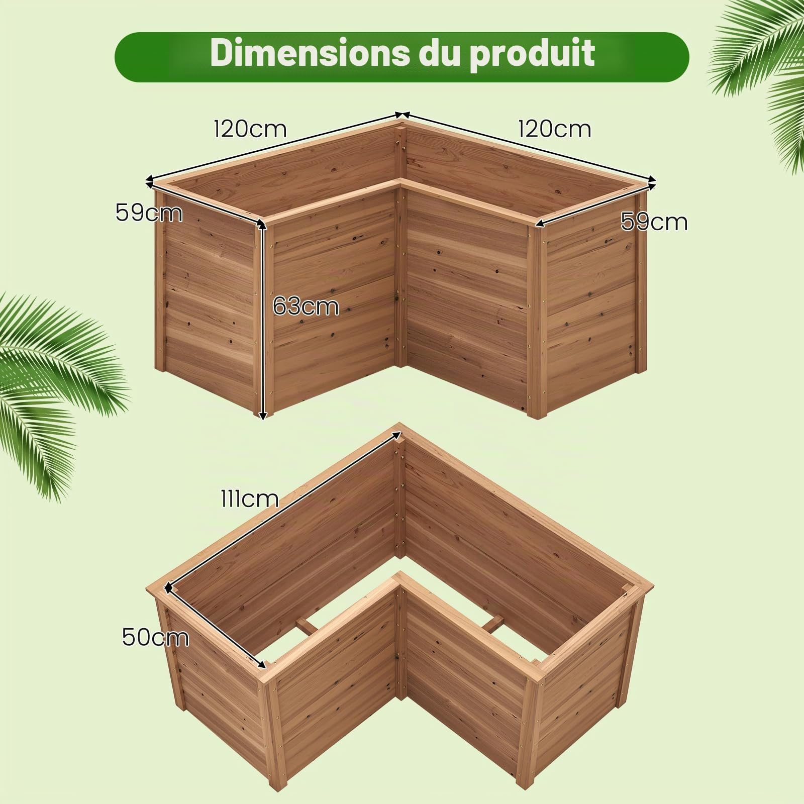 HOMASIS Jardinière surélevée en bois en forme de L - Jardinière avec fond ouvert - Jardinière pour jardin, balcon, terrasse, potager, parterre de fleurs pour légumes, herbes, fruits (marron)