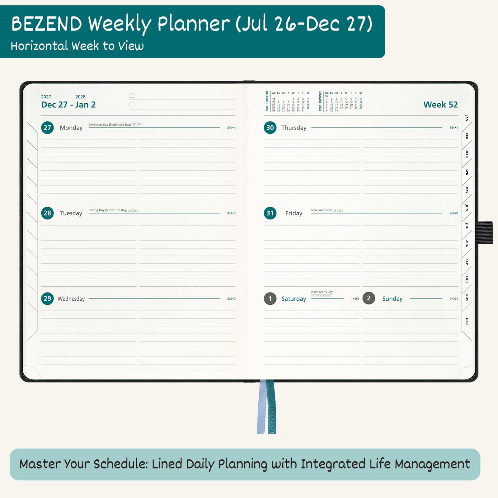 BEZEND Agenda settimanale 2026-2027 (21,6 x 27,9 cm), layout orizzontale (26 luglio-27 dicembre), calendario accademico 18 mesi e schede mensili, ideale per studenti, lavoro e casa, copertina rigida