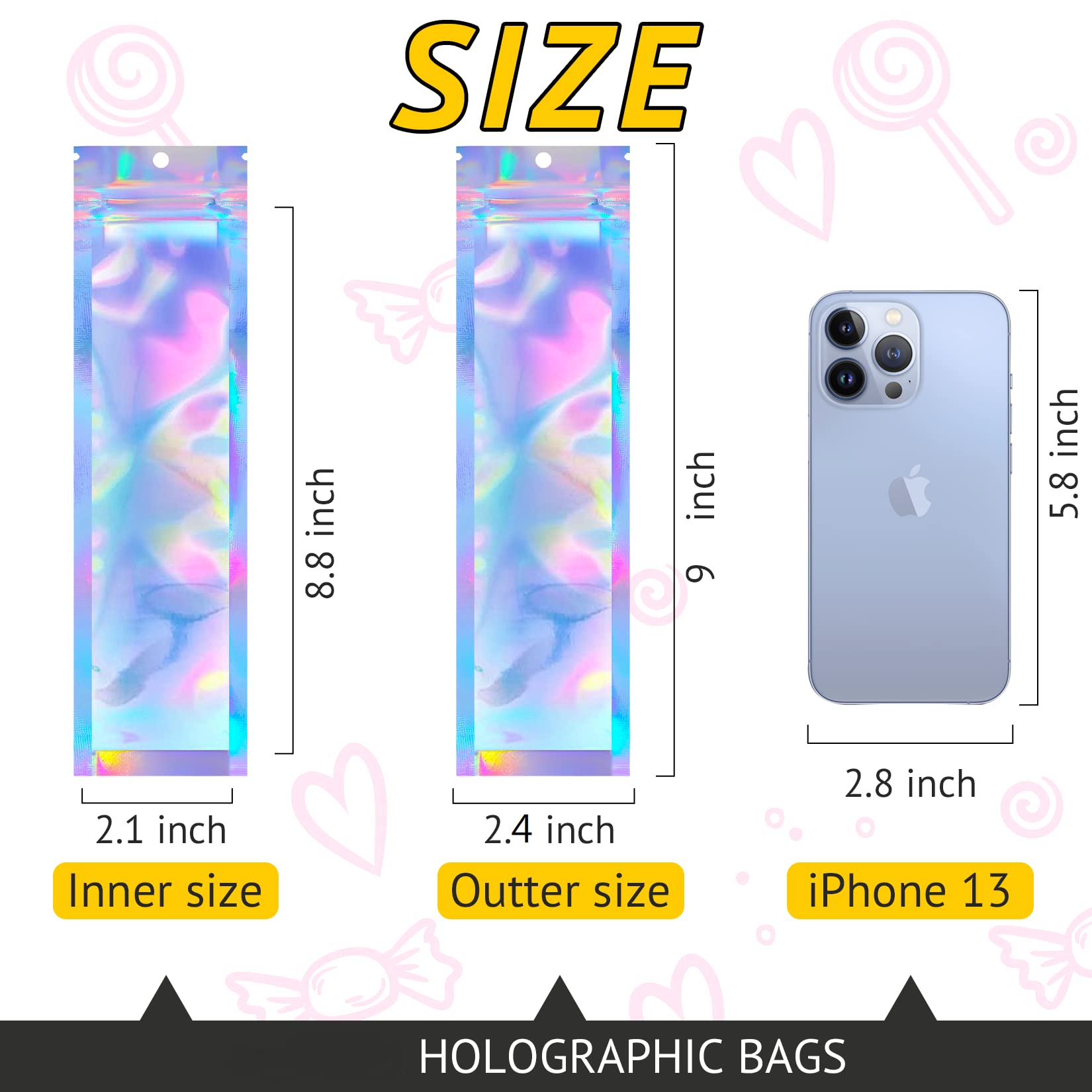Artcut 100 PCS Mylar Bags, Resealable Stand Up Pouch Foil Holographic Bags, Smell Proof Baggies(Holographic, 2.4 * 9inch) - Image 2