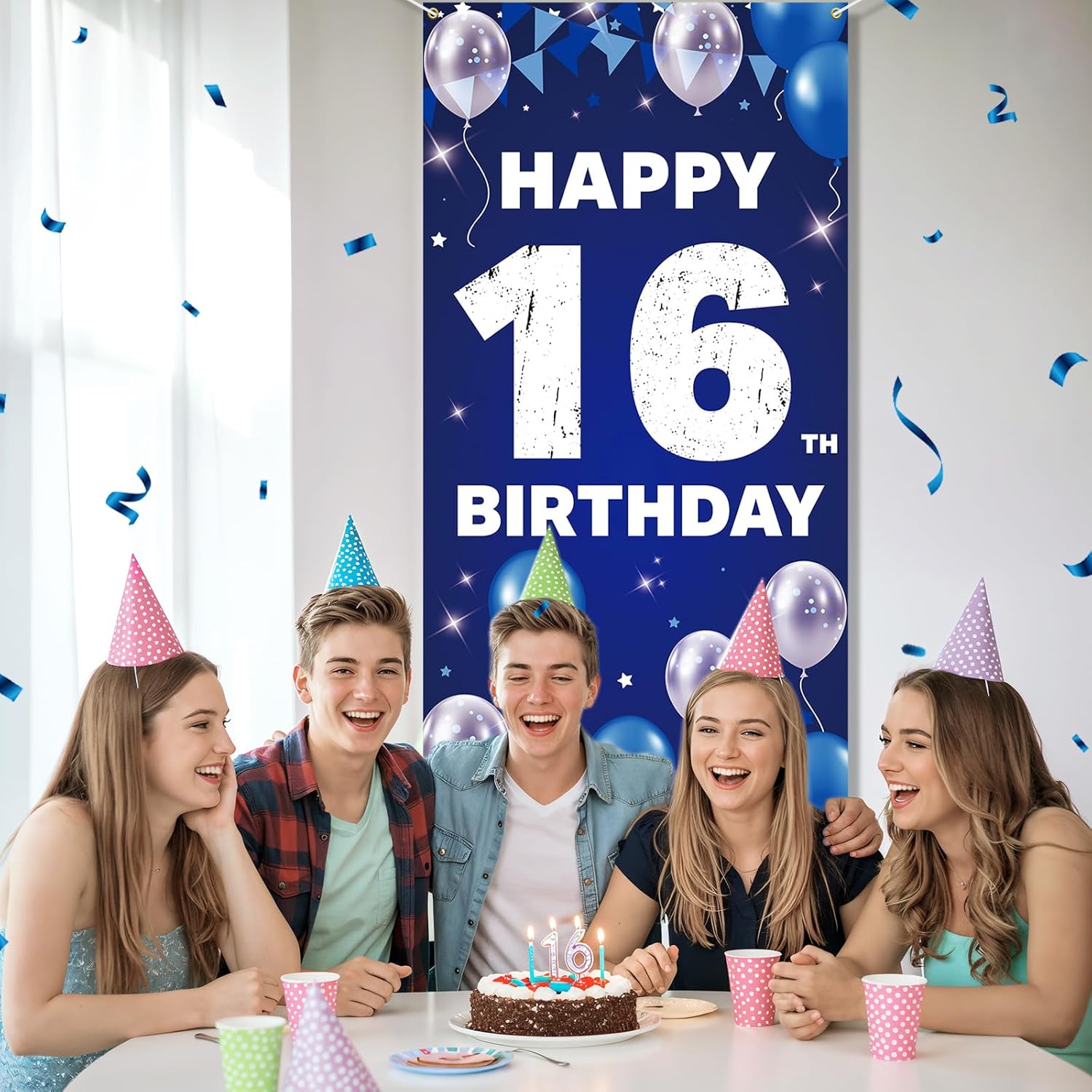 Happy 16th Birthday Decorations for Boys & Girls - Fabric Blue Silver 16 Birthday Backdrop Banner, Yard Sign, Photo Booth Props, Door Decor - Outdoor Indoor Sixteen Party Supplies - Image 2