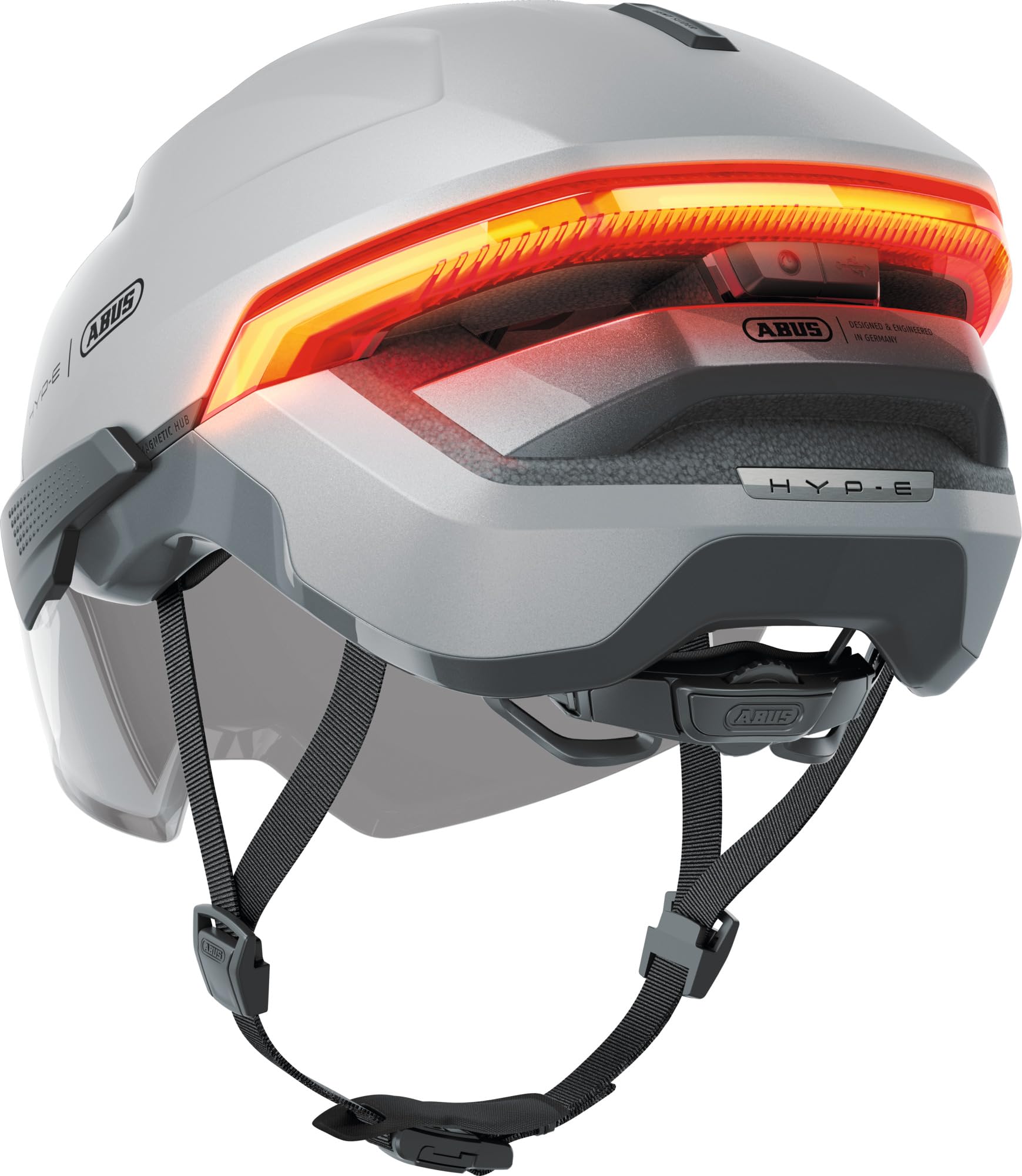 Casque de vélo ABUS HYP-E B.Lace avec feu avant, arrière, clignotant et stop sans fil, visière et cache-oreilles pour vélo électrique et S-Pedelec