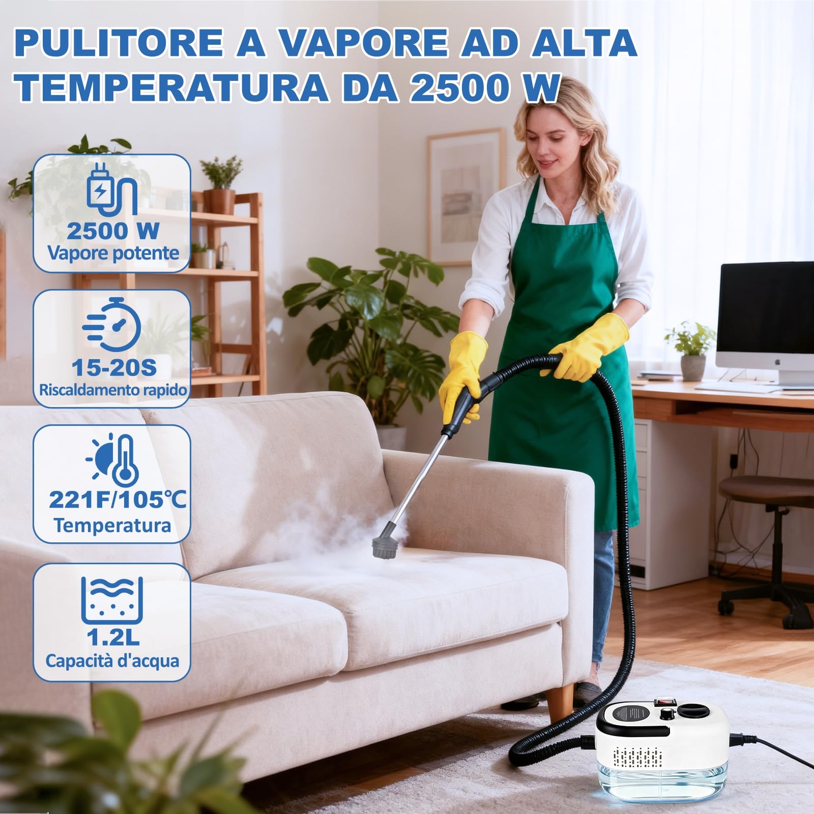 Pulitore a Vapore Portatile 2500W 3.5Bar con Serbatoio 1200ml, 6 Livelli Regolabili, Riscaldamento Rapido 15s, Temperatura 105°C per la Pulizia Casa - Ideale per Pavimenti, Piastrelle, Divani e Auto