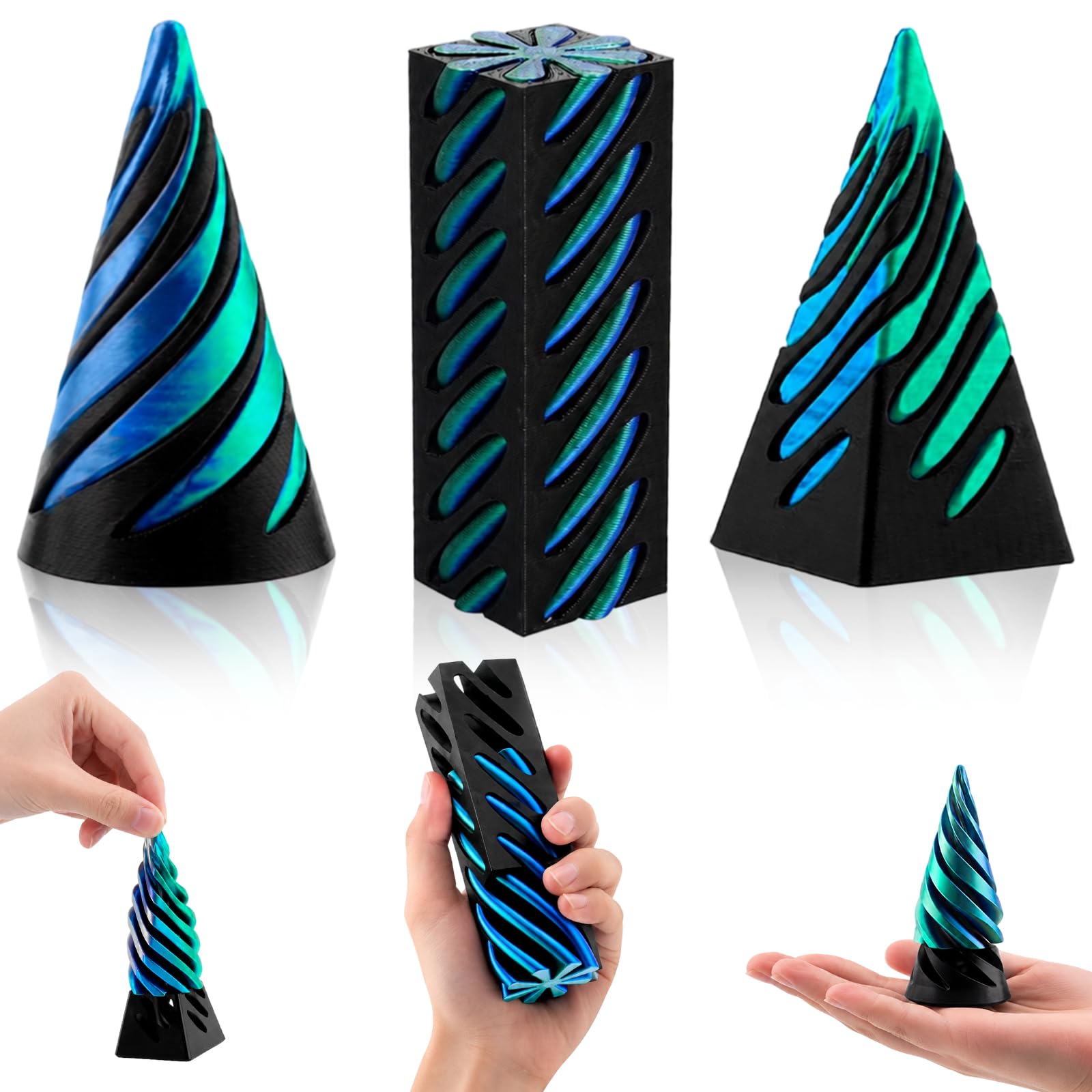 3Pcs Impossible Cone Set, 3D Printed Fidgets with Pyramid Cone and Spinner, Optical Illusion Fidget Cone for Desk and Display