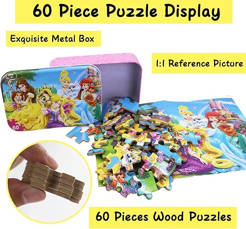 Miniatura 4 de Rompecabezas de madera de princesa para niños, rompecabezas de 60 piezas en caja de metal, juguetes educativos para mayores de 3 años (0684, 8