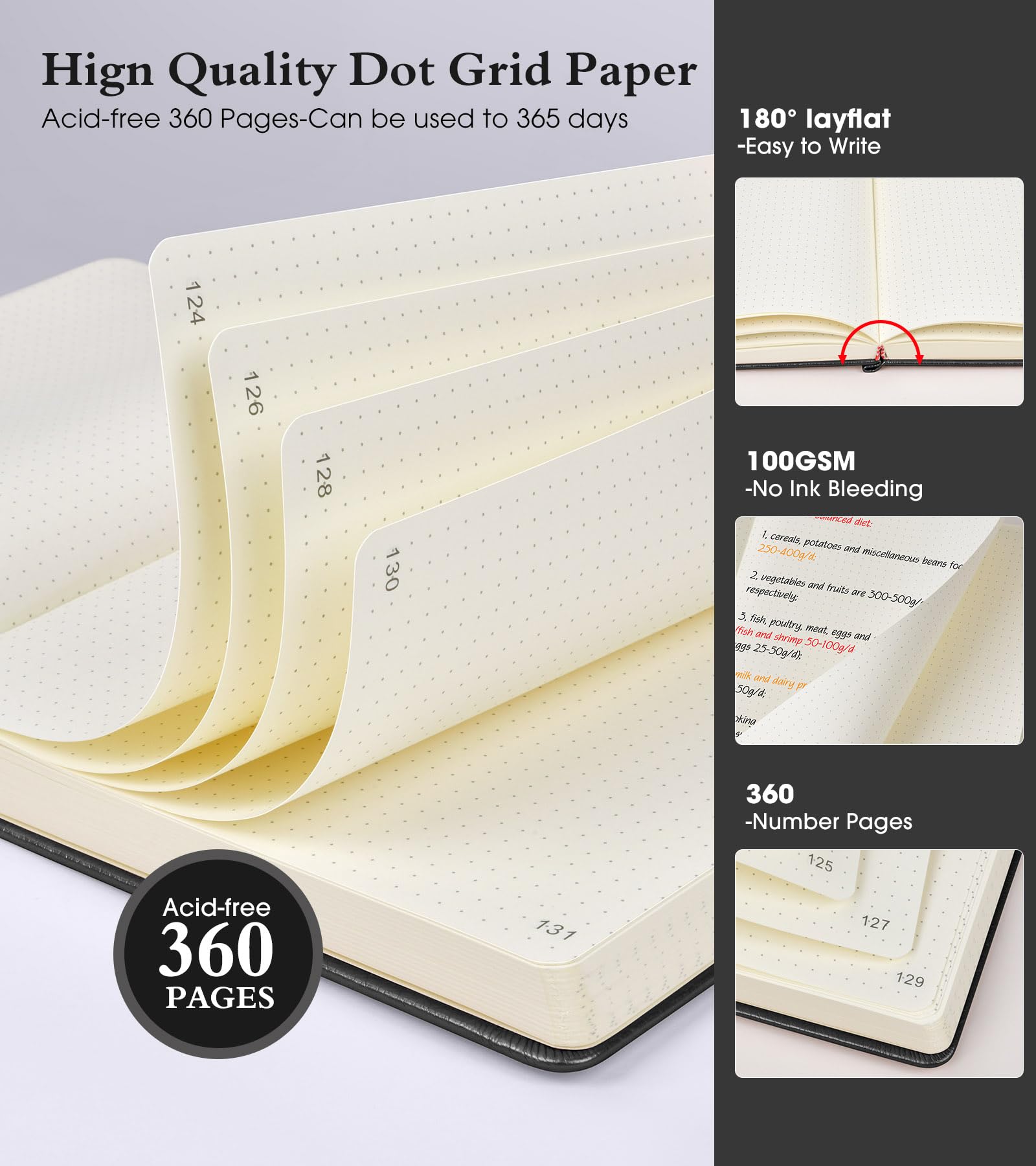 Gepunktetes Tagebuch, 360 nummerierte Seiten, Bullet Dot Grid, Tagebuch, 100 g/m², Punktraster, dickes Hardcover, Leder-Tagebuch zum Schreiben für Damen und Herren, B5, gepunktetes Raster, Notizbücher