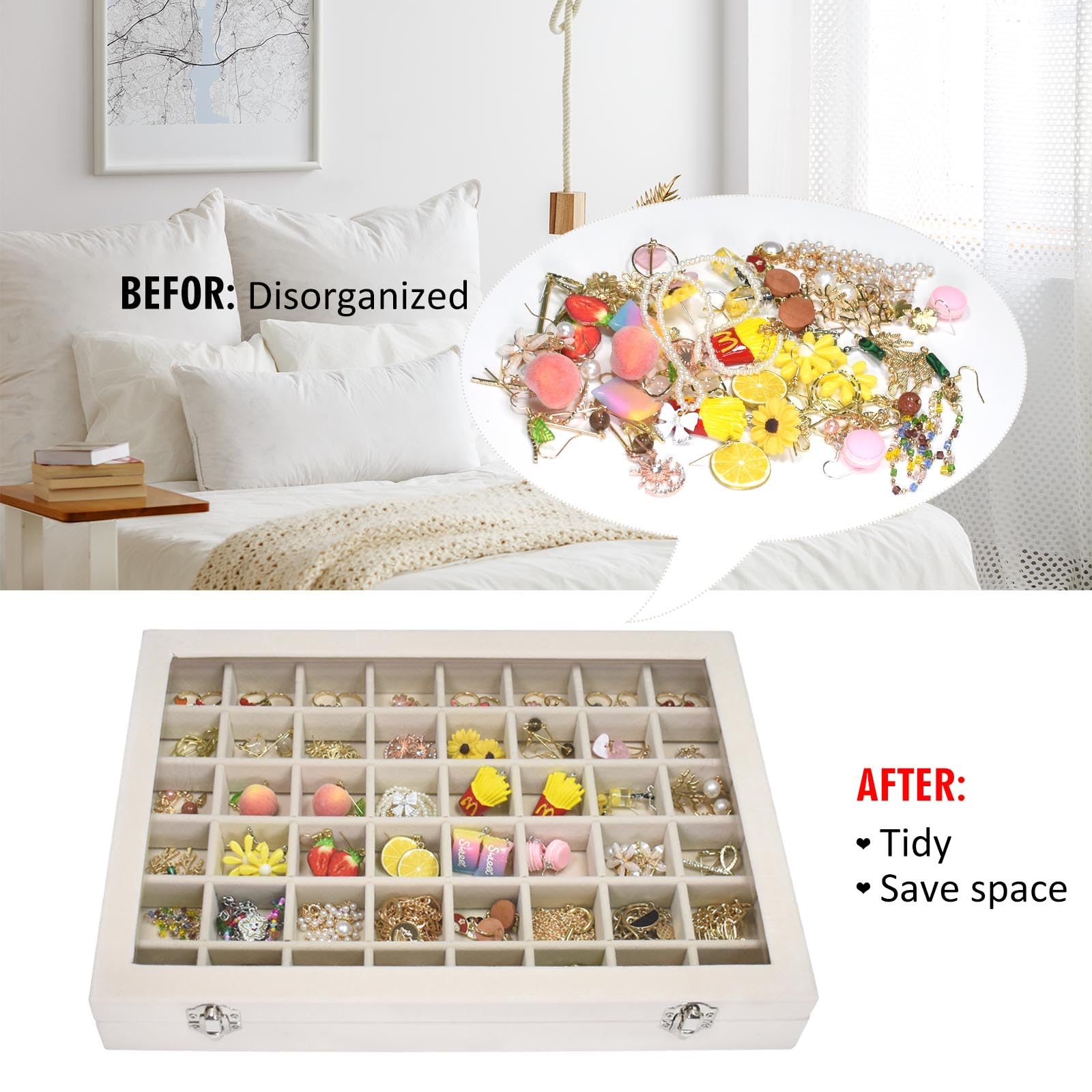 Velvet Jewelry Tray 48 Compartments Jewelry Display Organizer with Transparent Cover Rings, Earrings, Necklaces, Pendants Storage Box for Girls, Wives, Mothers, Women