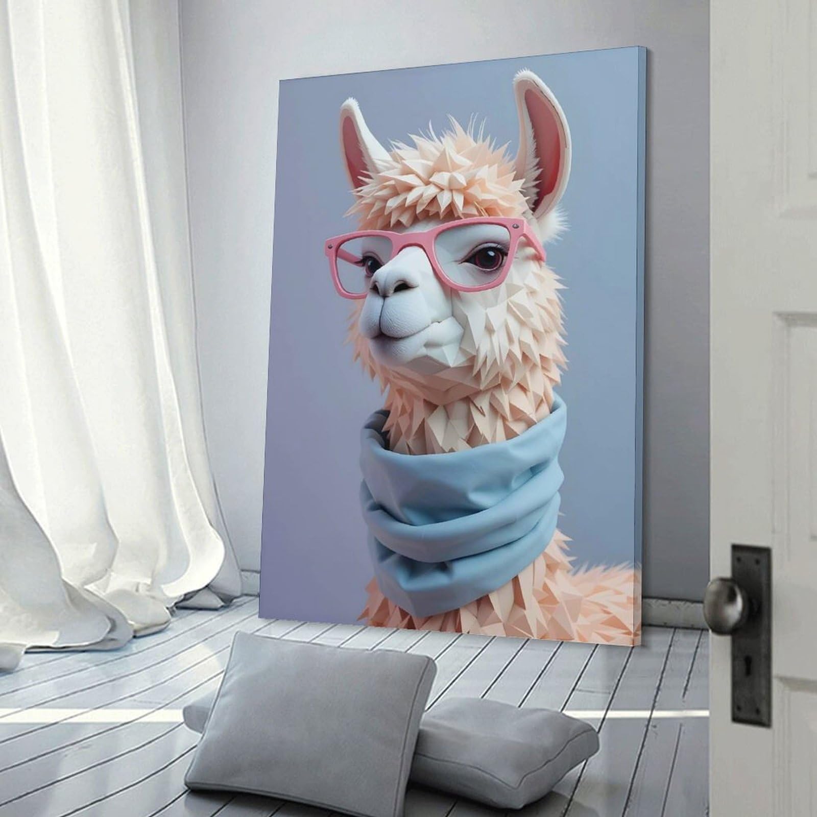 Junmoney Frame-Style-11 Minimalist Polygonal Llama With Glasses And Scarf Canvas Wall Art 24X36inch(60X90cm), For Office Decor, Home Working Or Creative Rooms, Wall Art That Adds Style To Work Areas