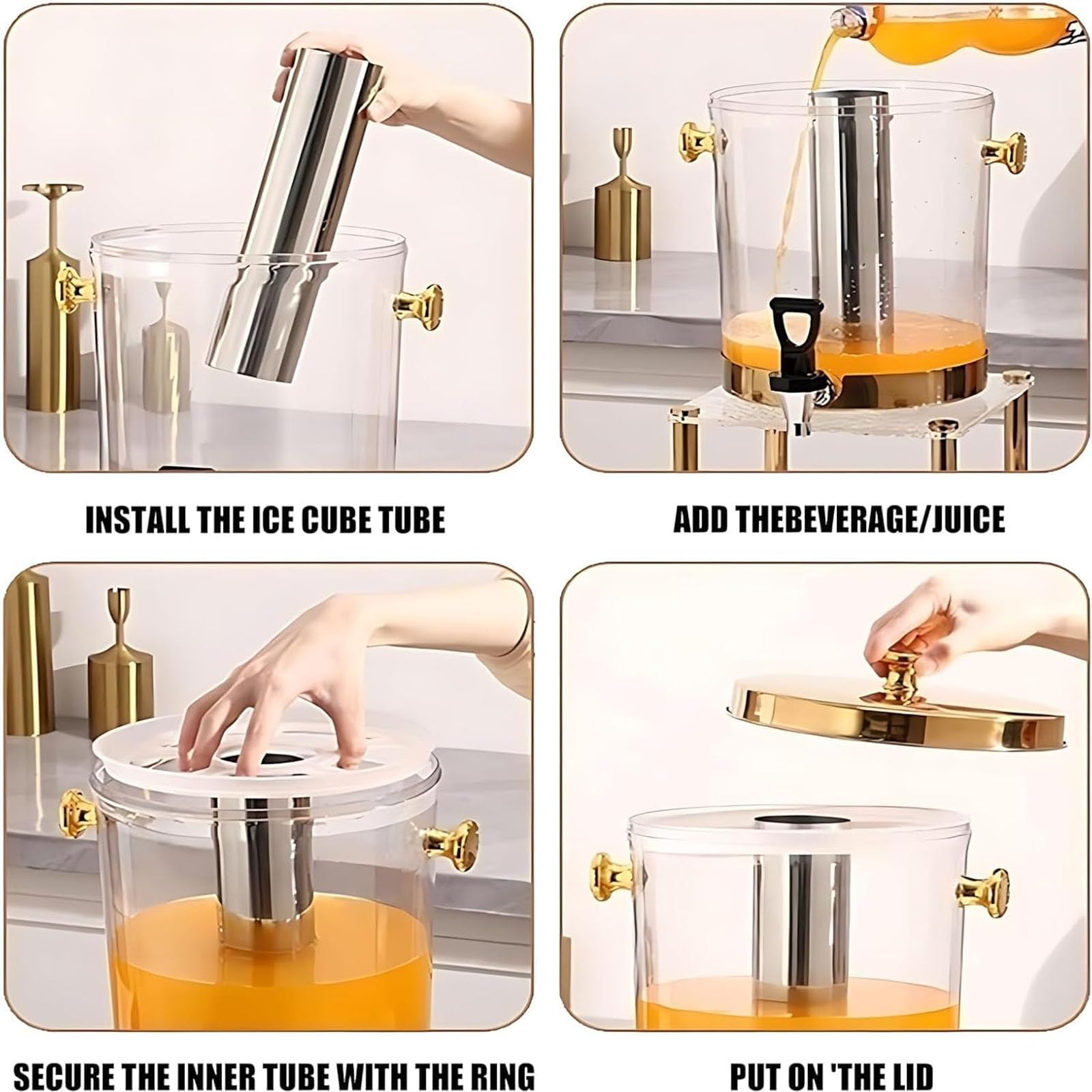 Distributeur de boissons de 8 L en acier inoxydable avec support pour jus, thé, soda et limonade, couvercle multifonction, idéal pour les rassemblements