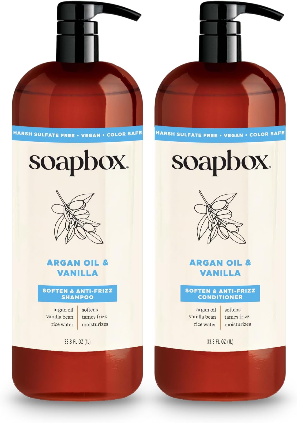 Soapbox Argan Shampoo & Conditioner Set, Volumizing, Vegan, Color Safe, Harsh Sulfate & Silicone Free, 1 Liter Each (Pack of 2)
