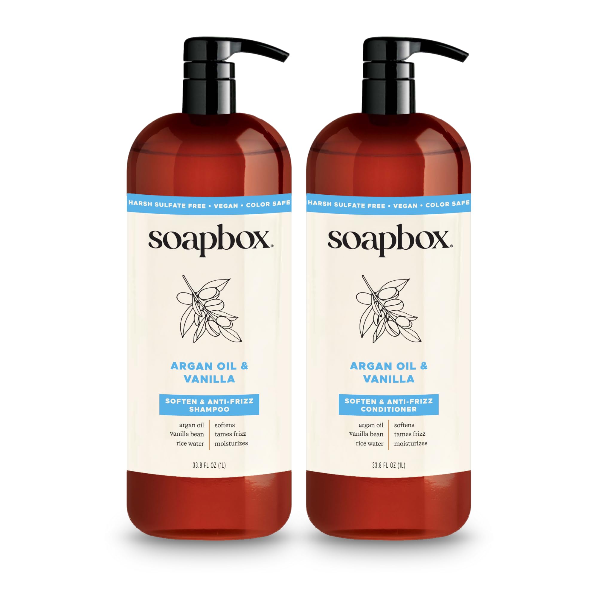 Soapbox Argan Shampoo & Conditioner Set, Volumizing, Vegan, Color Safe, Harsh Sulfate & Silicone Free, 1 Liter Each (Pack of 2)