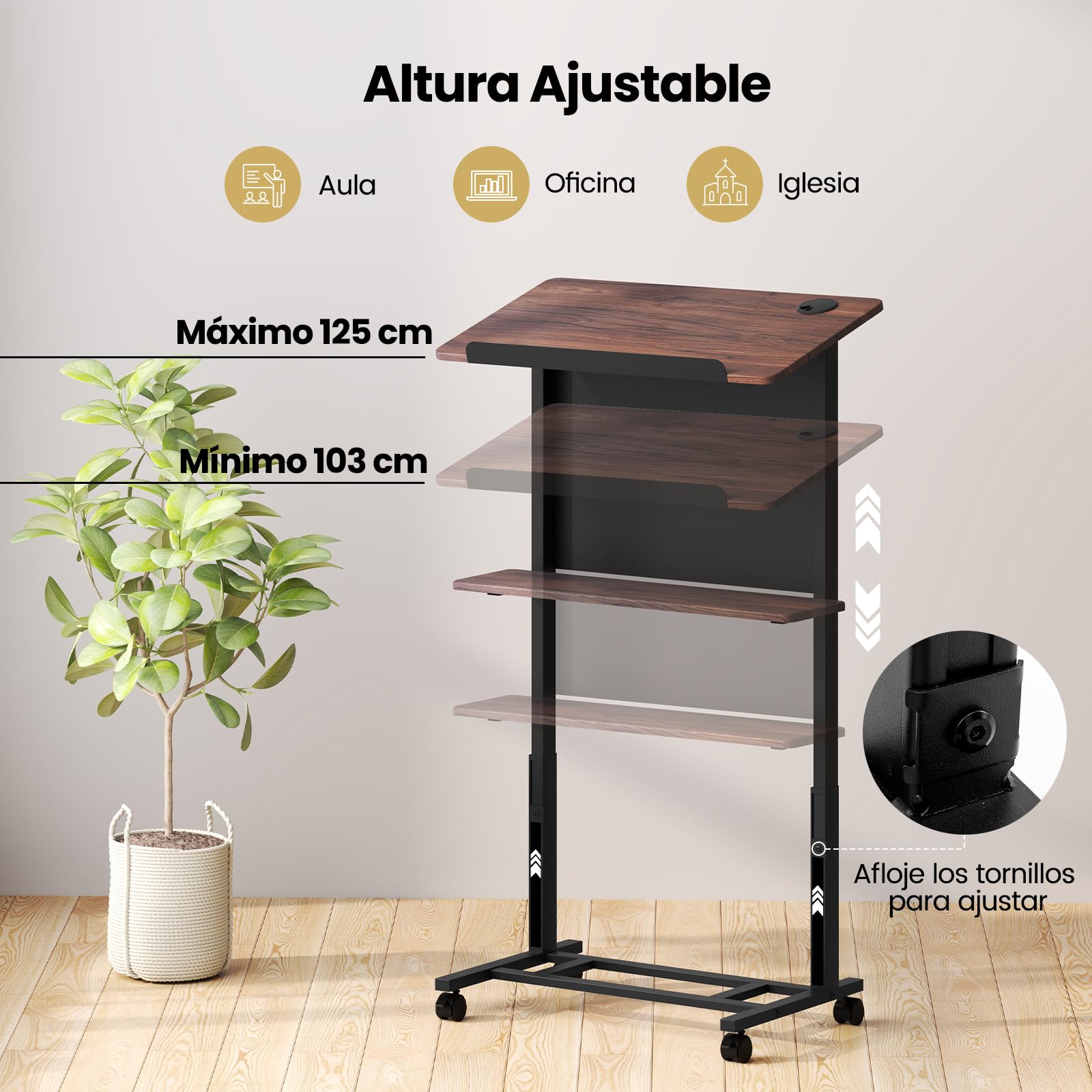 GIANTEX Atril de Conferencia con Altura Ajustable 103-125 cm, Soporte para Ordenador Portátil con 4 Ruedas y Mesa Inclinable, Mesa de Ordenador 70 x 42 cm con Estante, para Aula, Iglesia, Conferencia