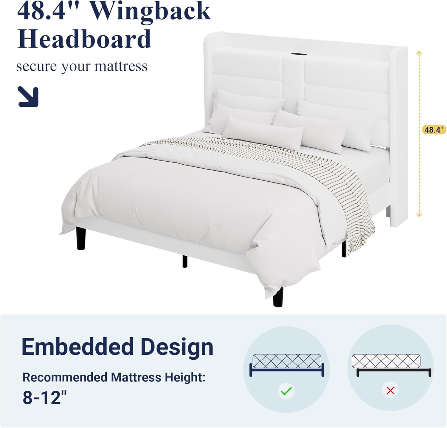 Allewie Queen Size Platform Bed Frame with Charging Station & Storage Headboard, Upholstered Velvet Wingback Design & USB Port, Strong Wooden Slats Support, No Box Spring Needed, Easy Assembly, White - Image 7